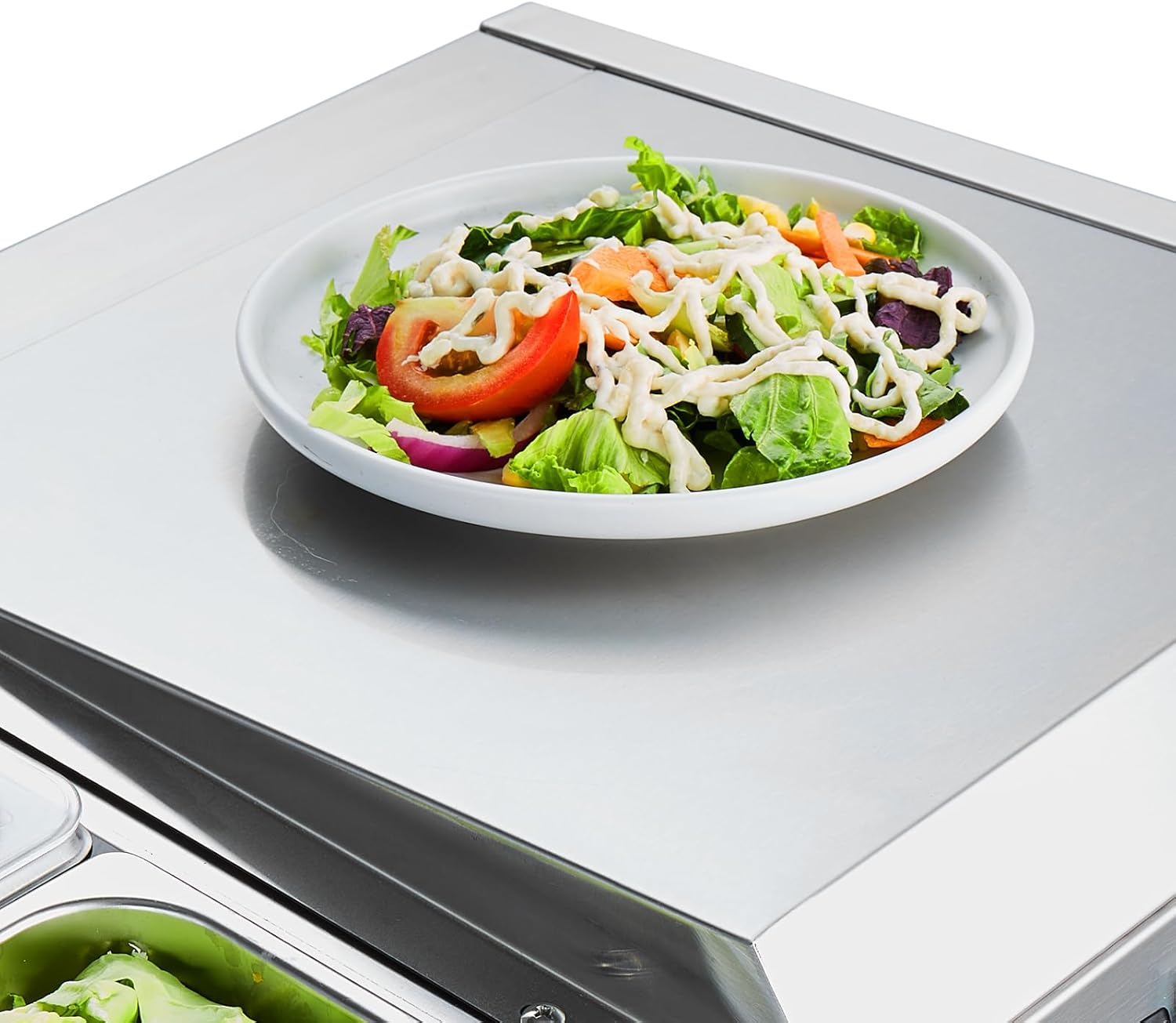 Refrigerated Condiment Prep Station, 135 W Countertop Refrigerated Condiment Station, with 2 1/3 Pans & 4 1/6 Pans, 304 Stainless Body and PC Lid, Sandwich Prep Table with Stainless Guard, ETL