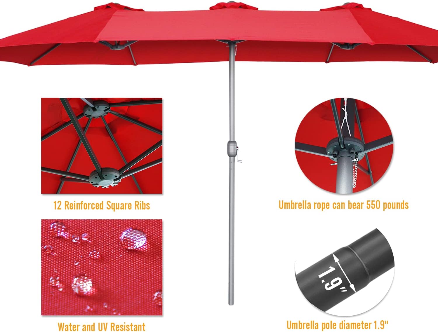 15ft Patio Umbrella with Solar Lights, Large Double Umbrella Outdoor, Rectangle 180''x106'' Umbrellas with 156 PCS LED Lights and Crank Handle for Backyard Deck Pool Shade in Black(1.9