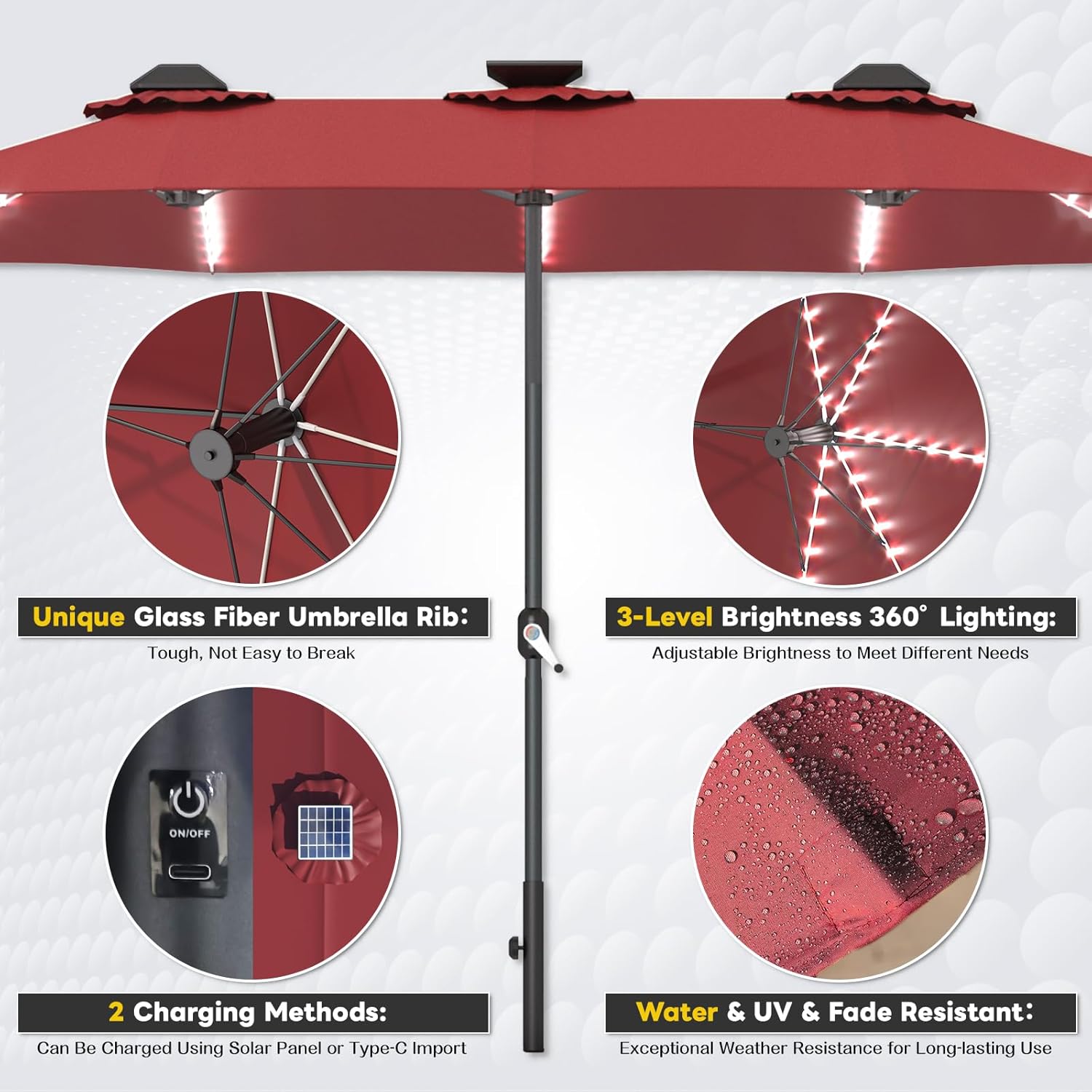 15ft Patio Umbrella with Solar Lights, Large Double Umbrella Outdoor, Rectangle 180''x106'' Umbrellas with 156 PCS LED Lights and Crank Handle for Backyard Deck Pool Shade in Black(1.9