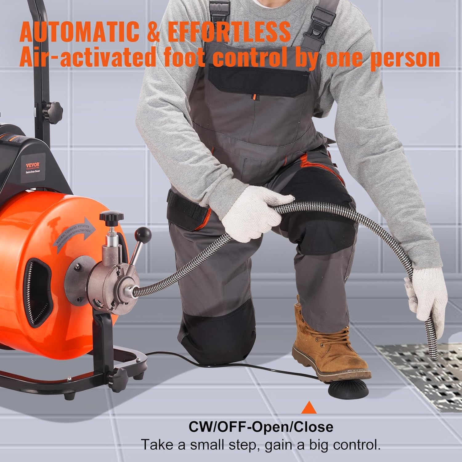 Drain Cleaner Machine 100FT x 1/2Inch, Auto Feed Sewer Snake Auger with 4 Cutter & Air-activated Foot Switch for 1