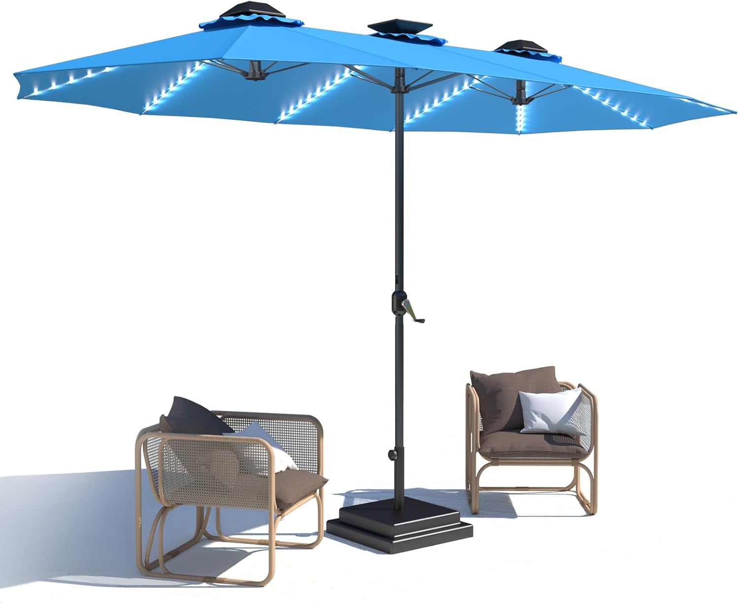 15ft Patio Umbrella with Solar Lights, Large Double Umbrella Outdoor, Rectangle 180''x106'' Umbrellas with 156 PCS LED Lights and Crank Handle for Backyard Deck Pool Shade in Black(1.9