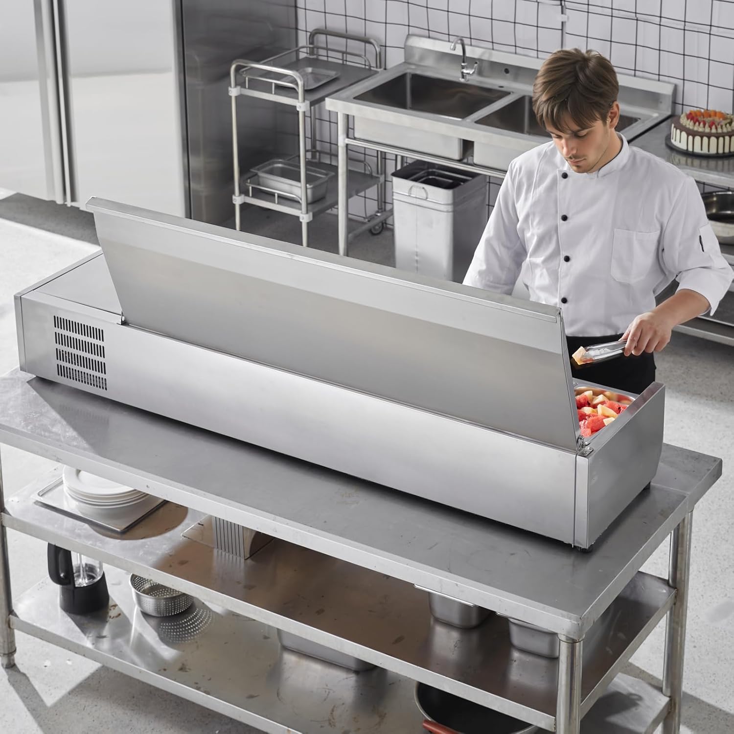 Refrigerated Condiment Prep Station, 135 W Countertop Refrigerated Condiment Station, with 2 1/3 Pans & 4 1/6 Pans, 304 Stainless Body and PC Lid, Sandwich Prep Table with Stainless Guard, ETL