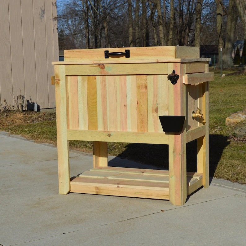 2025 All Weather 48 Quart Antiqued Cedar Cooler Stand with Brass Drain, Bottle Opener and Cap Catcher, Beer Cooler.