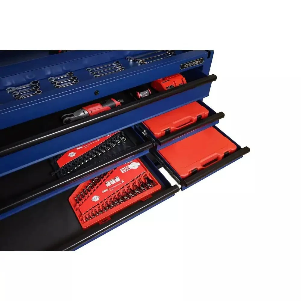 2025 Heavy-Duty 52 in. 9-Drawer Mobile Workbench with Adjustable-Height Solid Wood Top in Matte Blue