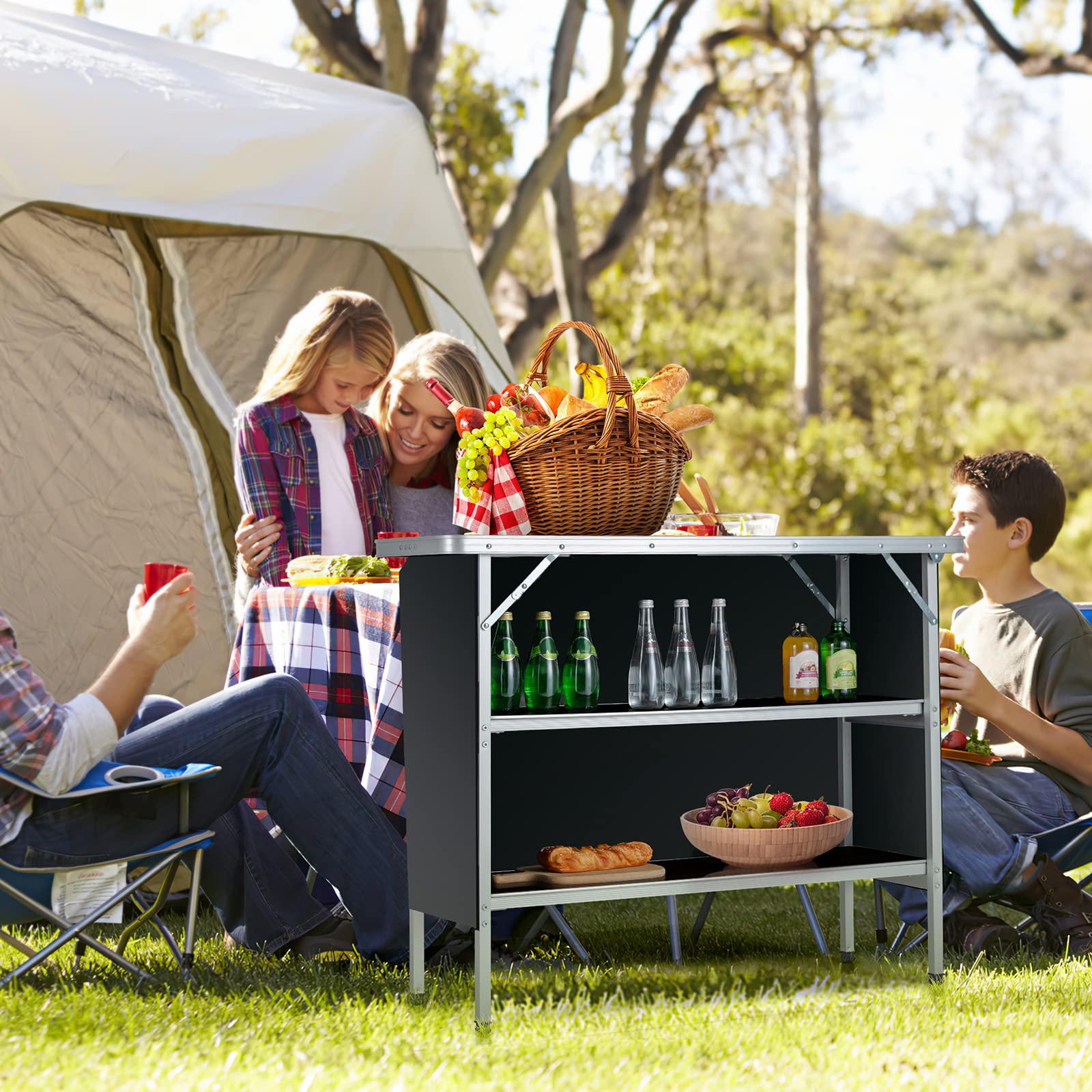 2025 Goplus Folding Camping Table, Aluminum Portable Pop-Up Bar Table with 2-Tier Storage Shelves