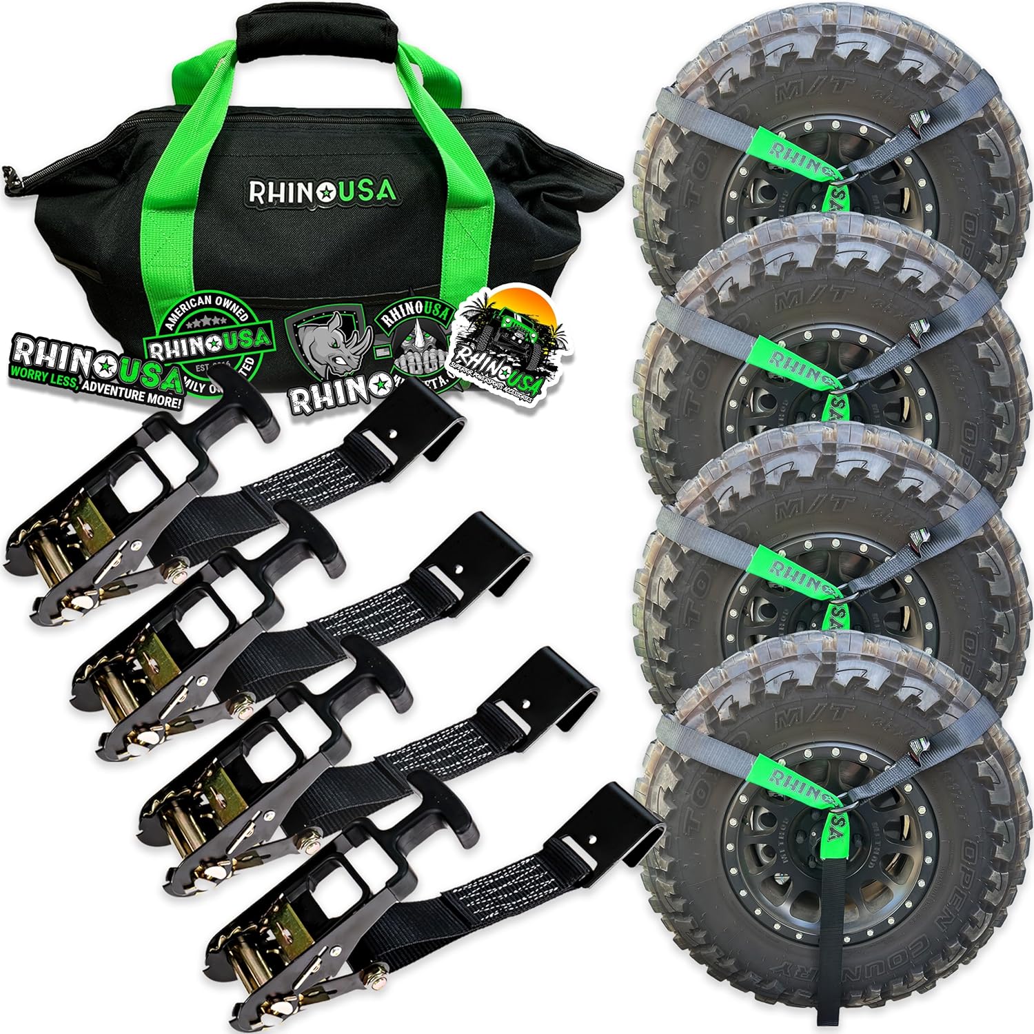 Car Tie Down Straps for Trailers with Flat Hooks (4-Pack) - 2 Inch x 8 Feet (10,000lb Break Strength) - Heavy Duty T-Handle Car Lasso Tire Straps for Trailer & UTV - Black