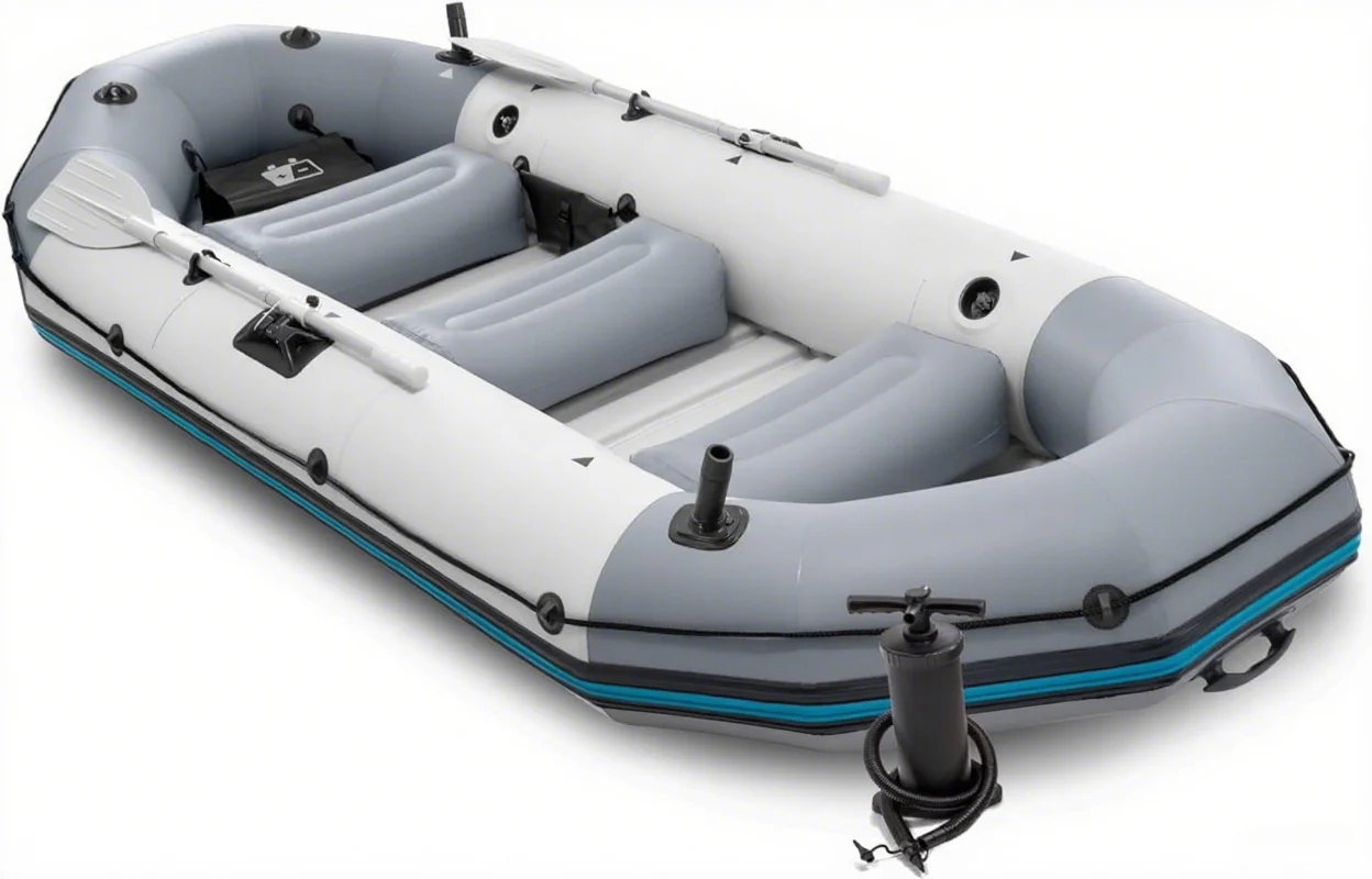 Inflatable Boat Set: Includes Deluxe 54in Boat Oars and High-Output Pump �� Wear-Resistant Keel �� Removable Fishing Rod Holders �� 4-Person �� 1100lb Weight Capacity