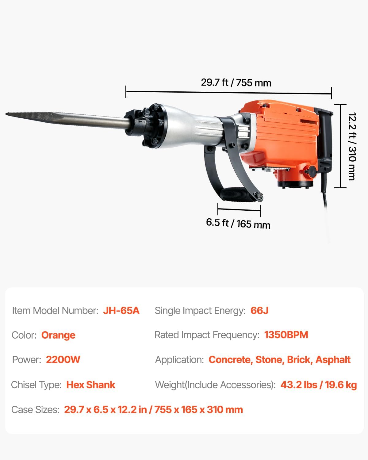 Demolition Jack Hammer, 1350 BPM Concrete Breaker 6pcs Chisels Bit Chipping with Case, 2200W Electric Jackhammer Heavy Duty, Black