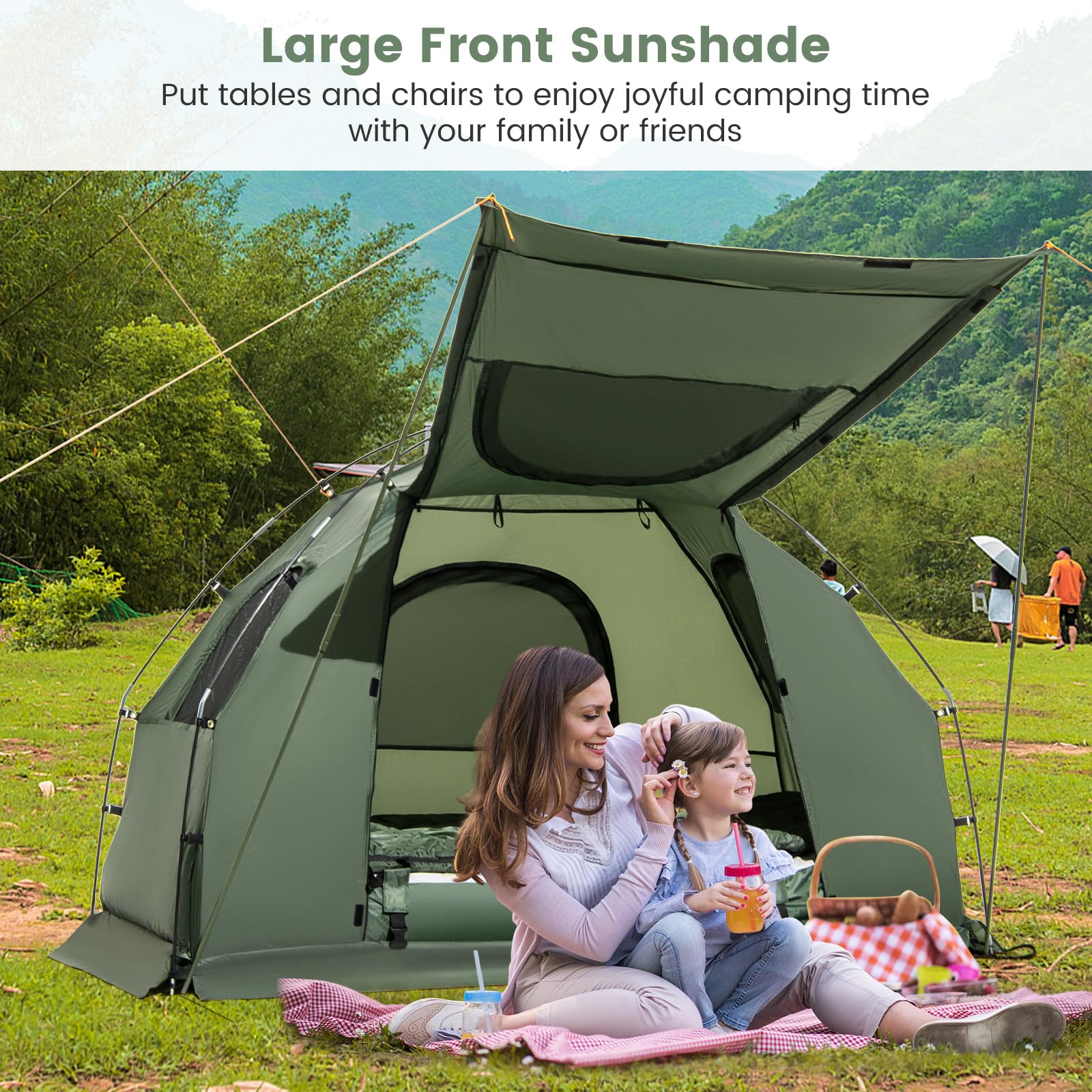 2025 Camping Tent Cot, 5-in-1 Folding Camping Bed with Air Mattress, Pillow, Sleeping Bag, Waterproof Elevated Tent Shelter