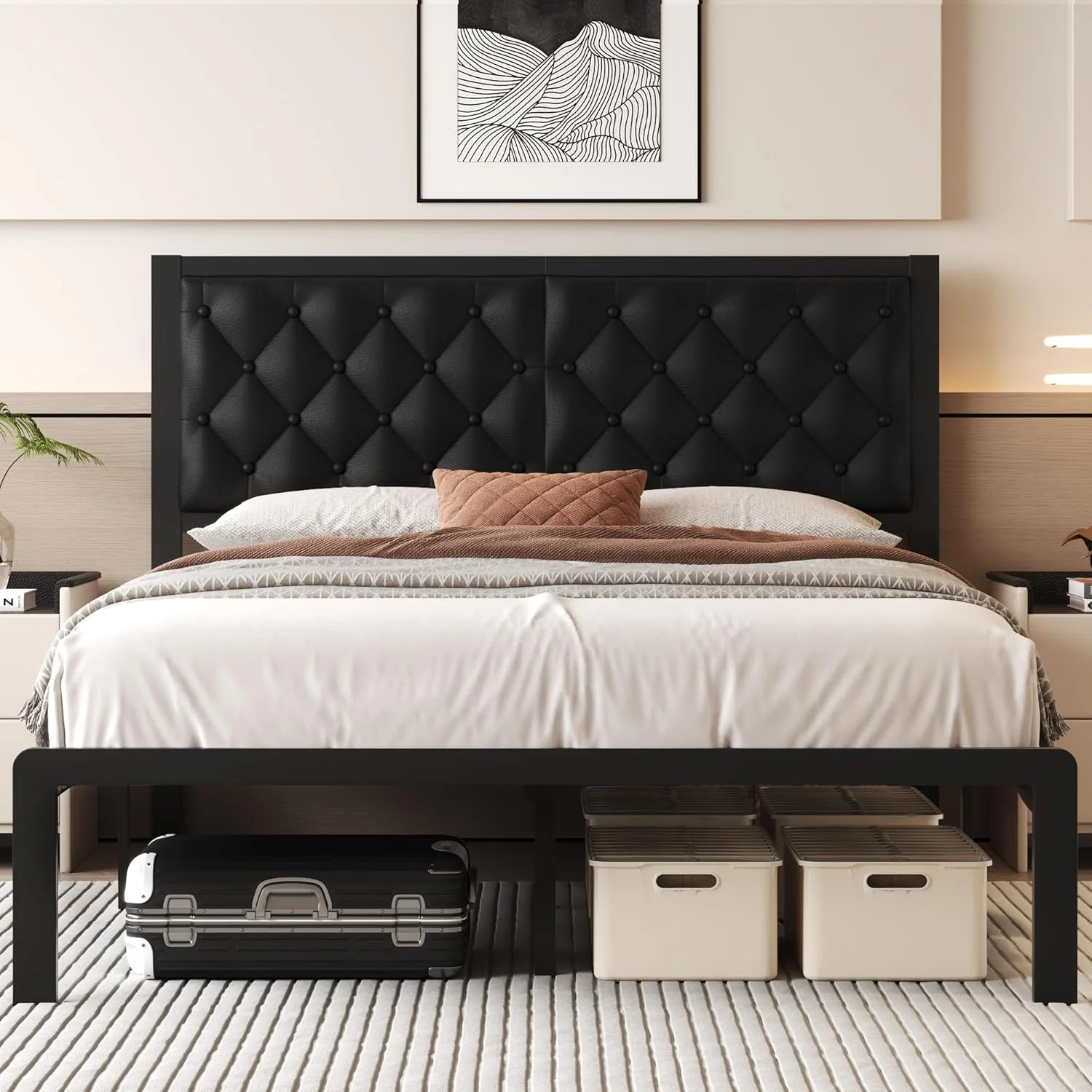 Queen Bed Frame with Headboard PU Leather Upholstered Bed
