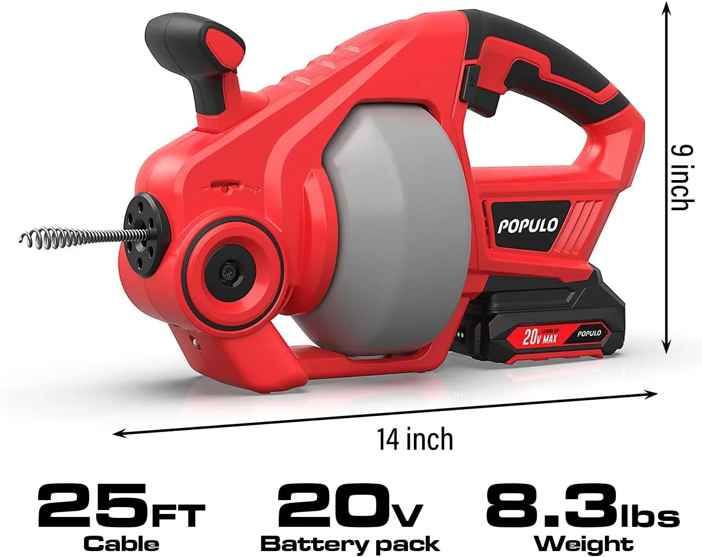 20V Cordless Electric Drain Auger-Efficient 25Ft Auto-Feed Drain Snake with Replaceable Cable,2.0Ah Battery,Charger,Storage Bag & Gloves for Kitchen,Bathroom,Shower Pipes (3/4