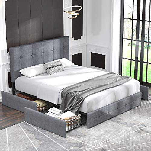 2025 Allewie Upholstered Queen Size Platform Bed Frame with 4 Storage Drawers and Headboard
