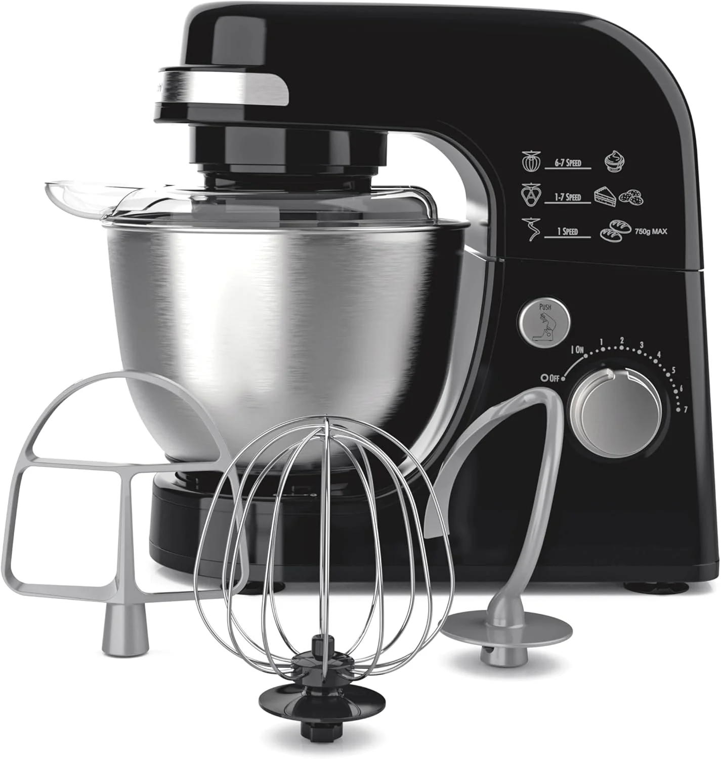 Hamilton Beach Electric Stand Mixer, 4 Quarts, Dough Hook, Flat Beater Attachments, Splash Guard 7 Speeds with Whisk, Black