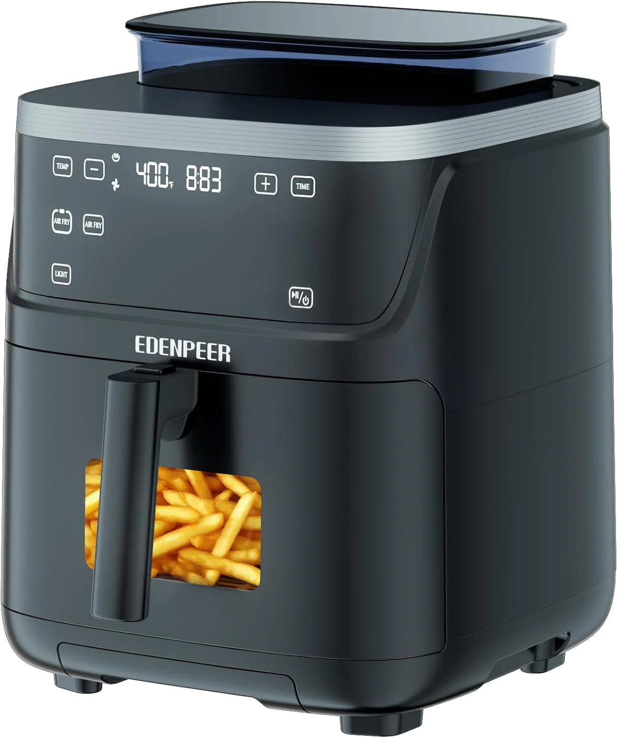 11-piece large air fryer, made of non-toxic material, extremely crispy, air-fried, air-baked, heating, dehydrating. It adopts the ultimate crispy technology of 450°F and has a capacity of 6 liters.