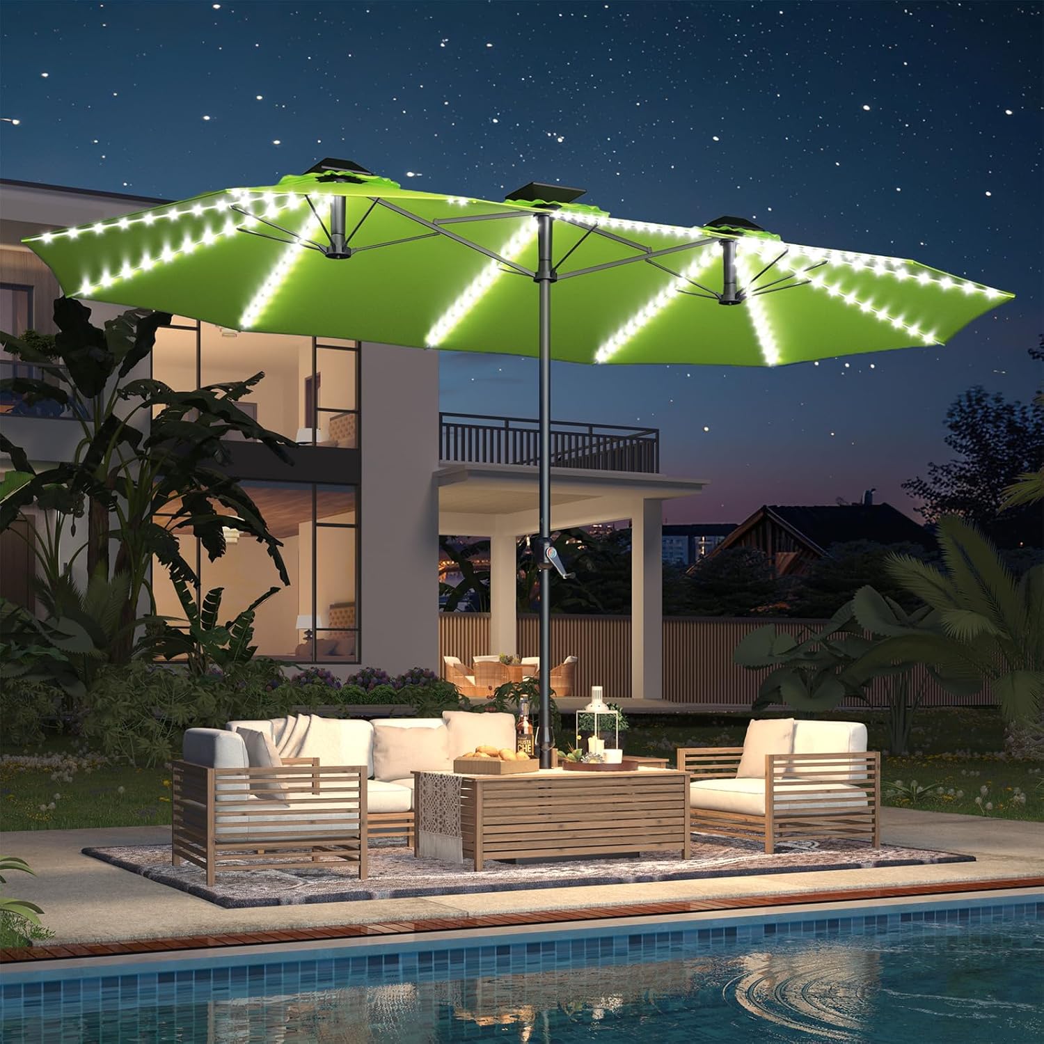 15ft Patio Umbrella with Solar Lights, Large Double Umbrella Outdoor, Rectangle 180''x106'' Umbrellas with 156 PCS LED Lights and Crank Handle for Backyard Deck Pool Shade in Black(1.9