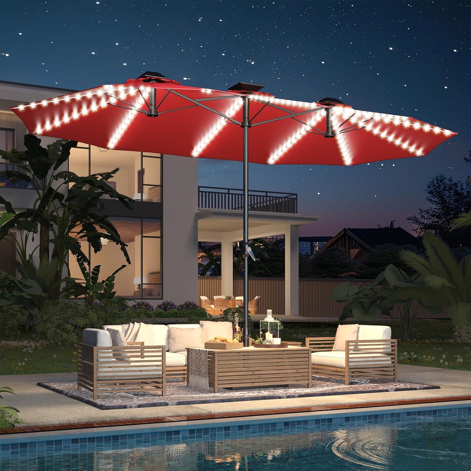 15ft Patio Umbrella with Solar Lights, Large Double Umbrella Outdoor, Rectangle 180''x106'' Umbrellas with 156 PCS LED Lights and Crank Handle for Backyard Deck Pool Shade in Black(1.9