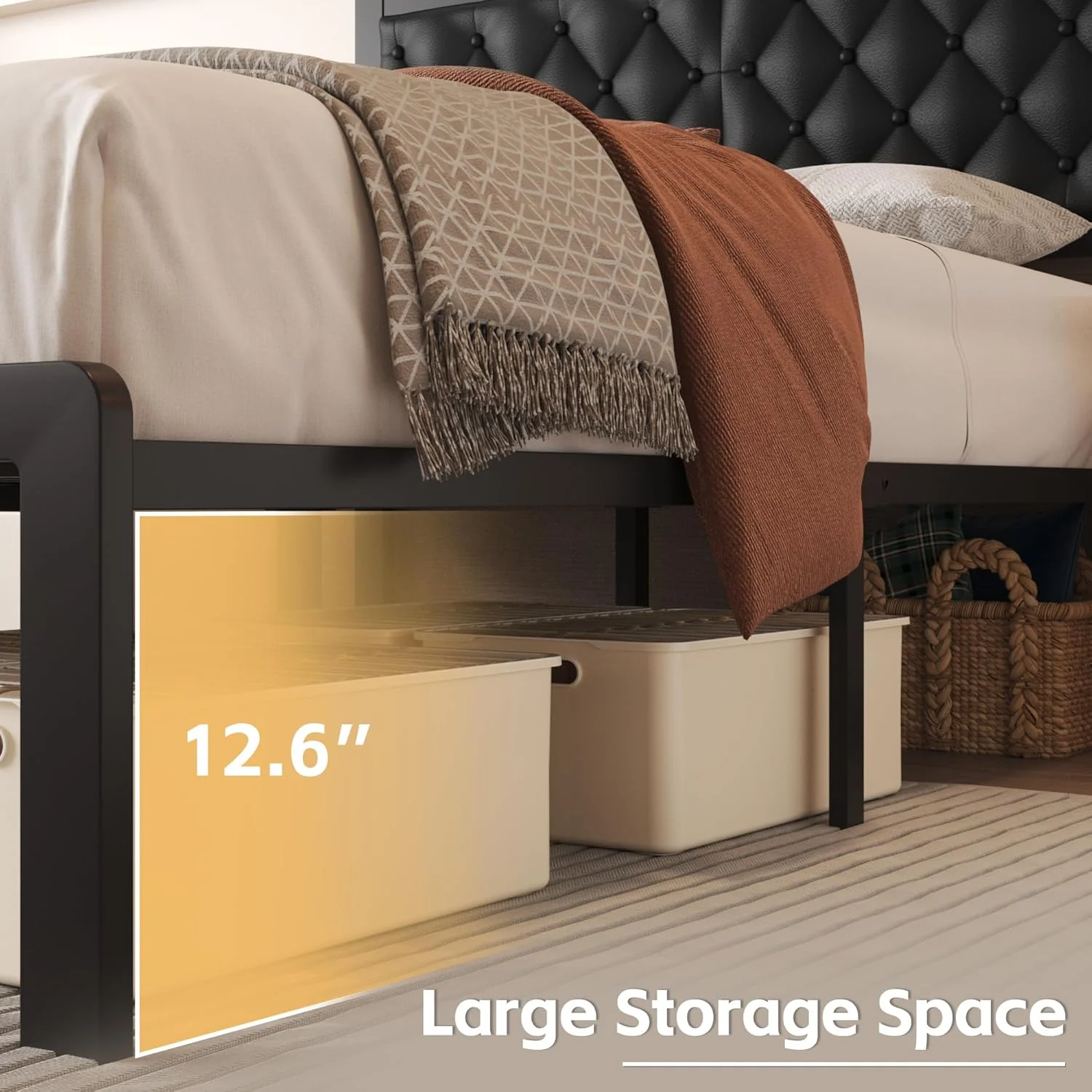 Queen Bed Frame with Headboard PU Leather Upholstered Bed