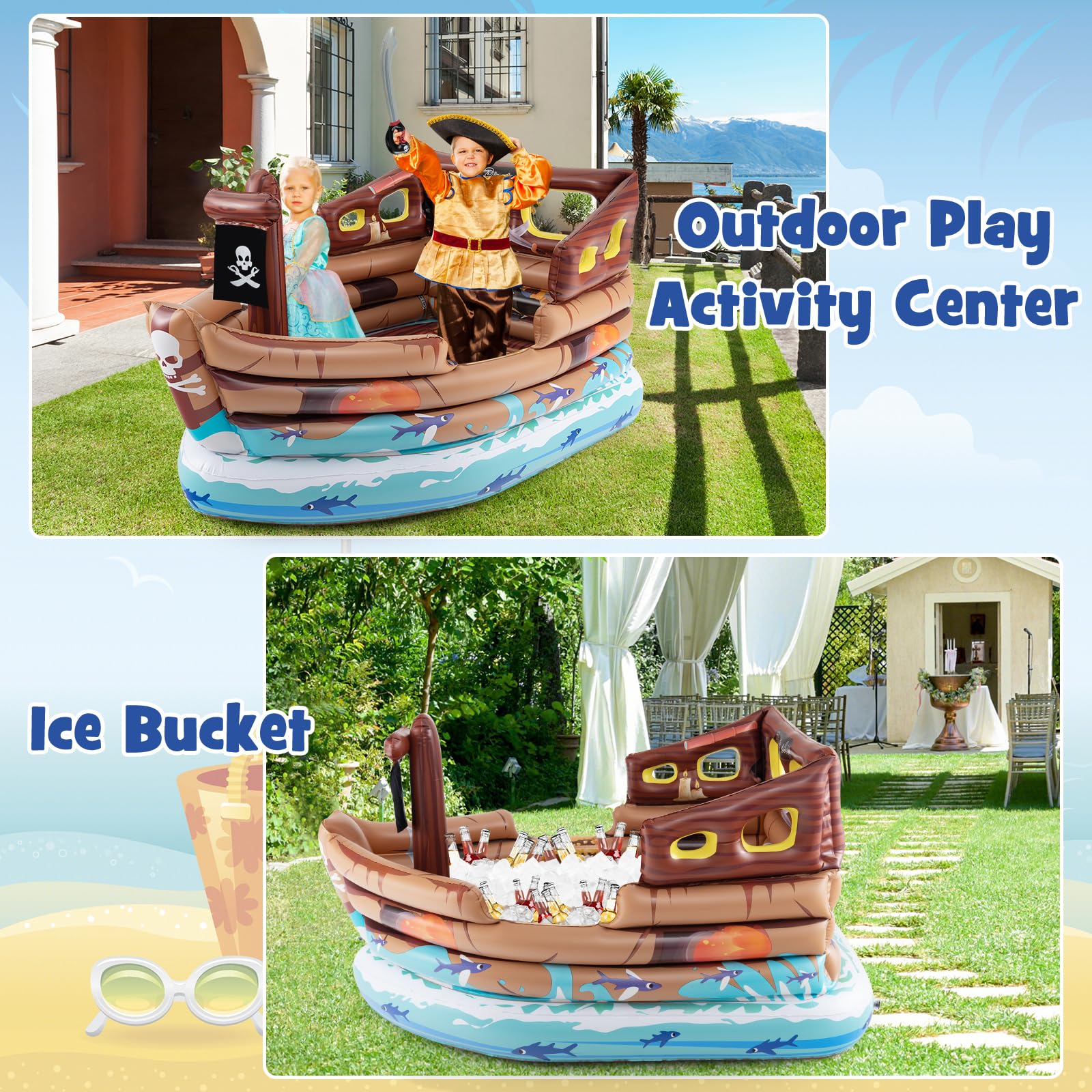 Inflatable Pirate Ship, Blow up Playscape with Built in Motor