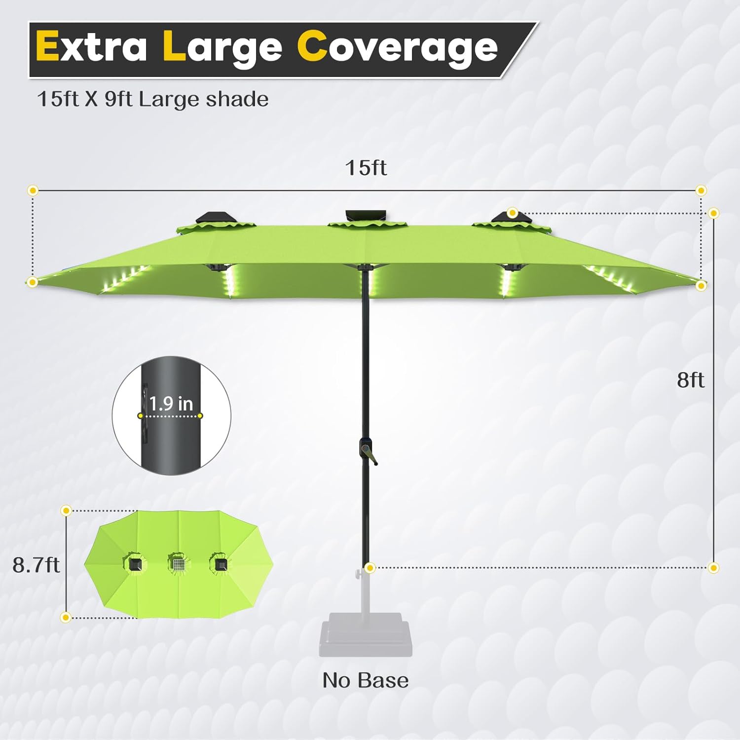15ft Patio Umbrella with Solar Lights, Large Double Umbrella Outdoor, Rectangle 180''x106'' Umbrellas with 156 PCS LED Lights and Crank Handle for Backyard Deck Pool Shade in Black(1.9