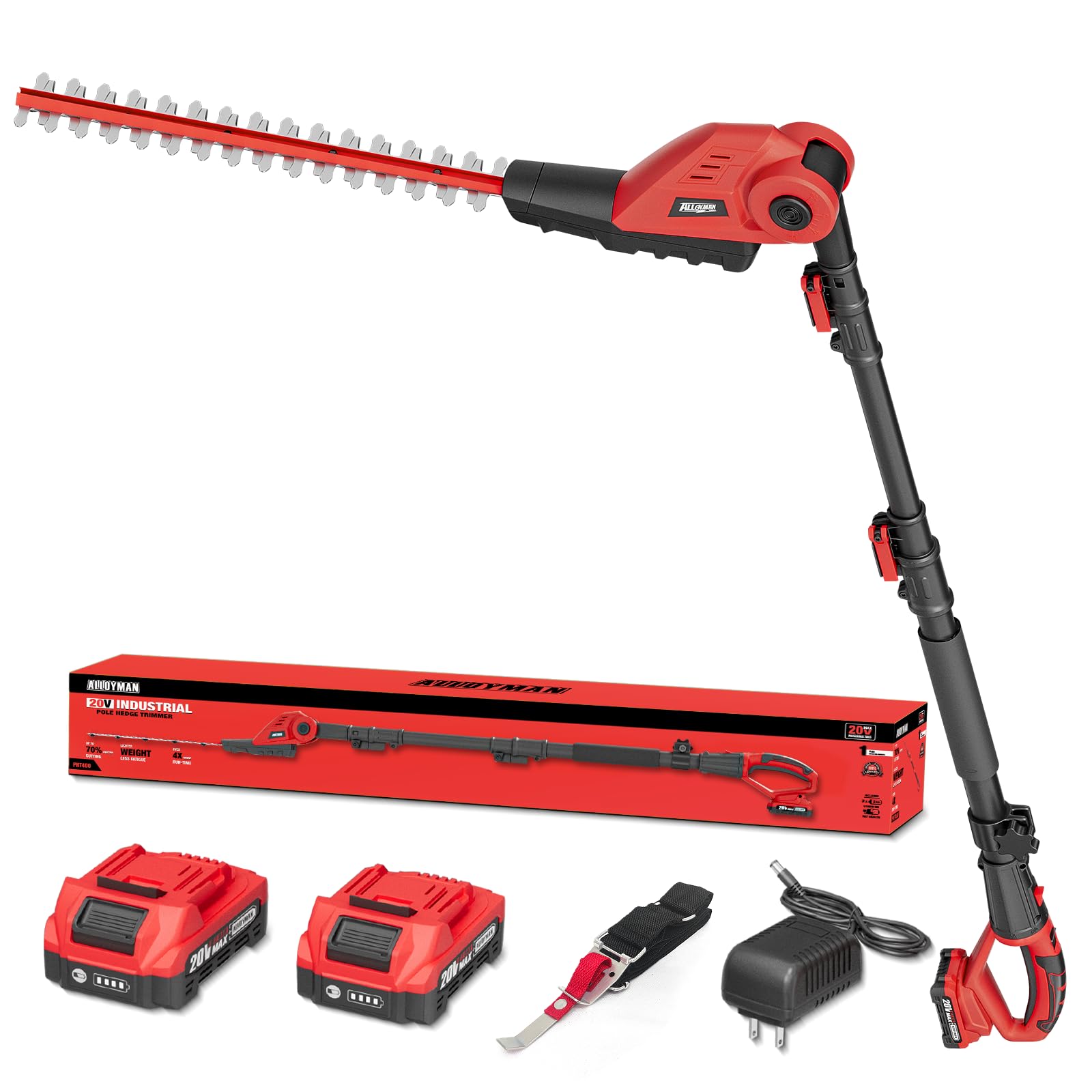 Alloyman 20V MAX Pole Hedge Trimmer with 2 Packs 2.0Ah Batteries & Charger