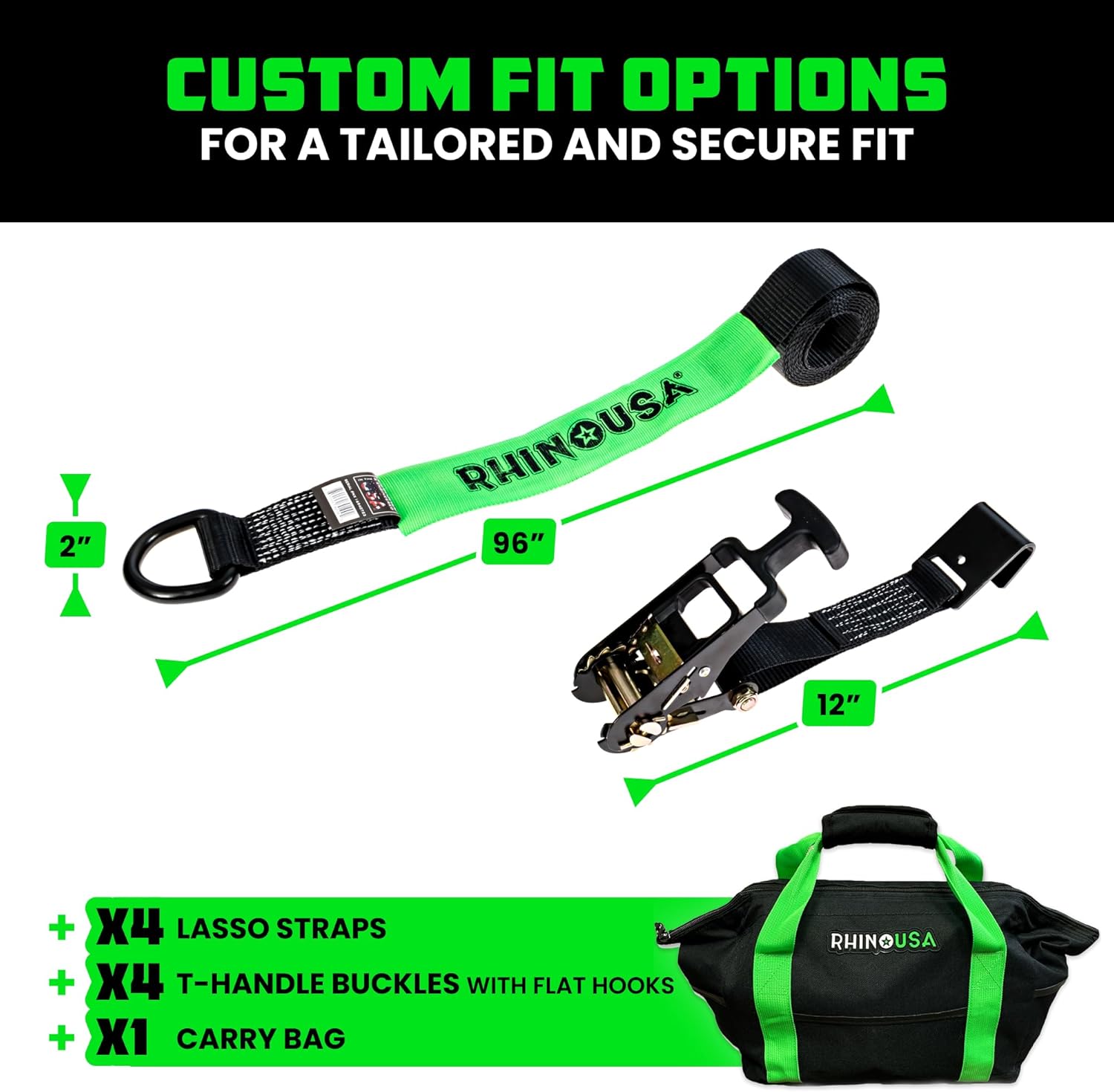 Car Tie Down Straps for Trailers with Flat Hooks (4-Pack) - 2 Inch x 8 Feet (10,000lb Break Strength) - Heavy Duty T-Handle Car Lasso Tire Straps for Trailer & UTV - Black