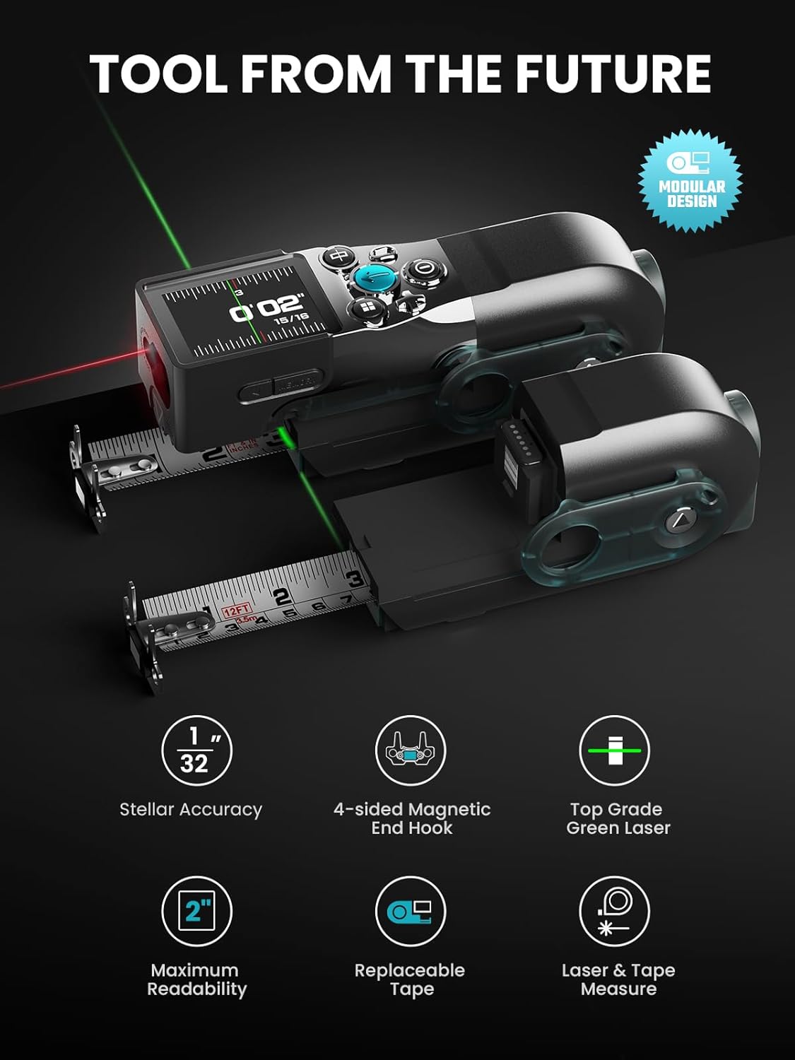 XTAPE1 Digital Tape Measure, Professional 330Ft Laser Measuring Tool & 12Ft Measuring Tape with Green Laser Extension, Instant Digital Readout, P2P, App Sync, Replaceable Blades Module