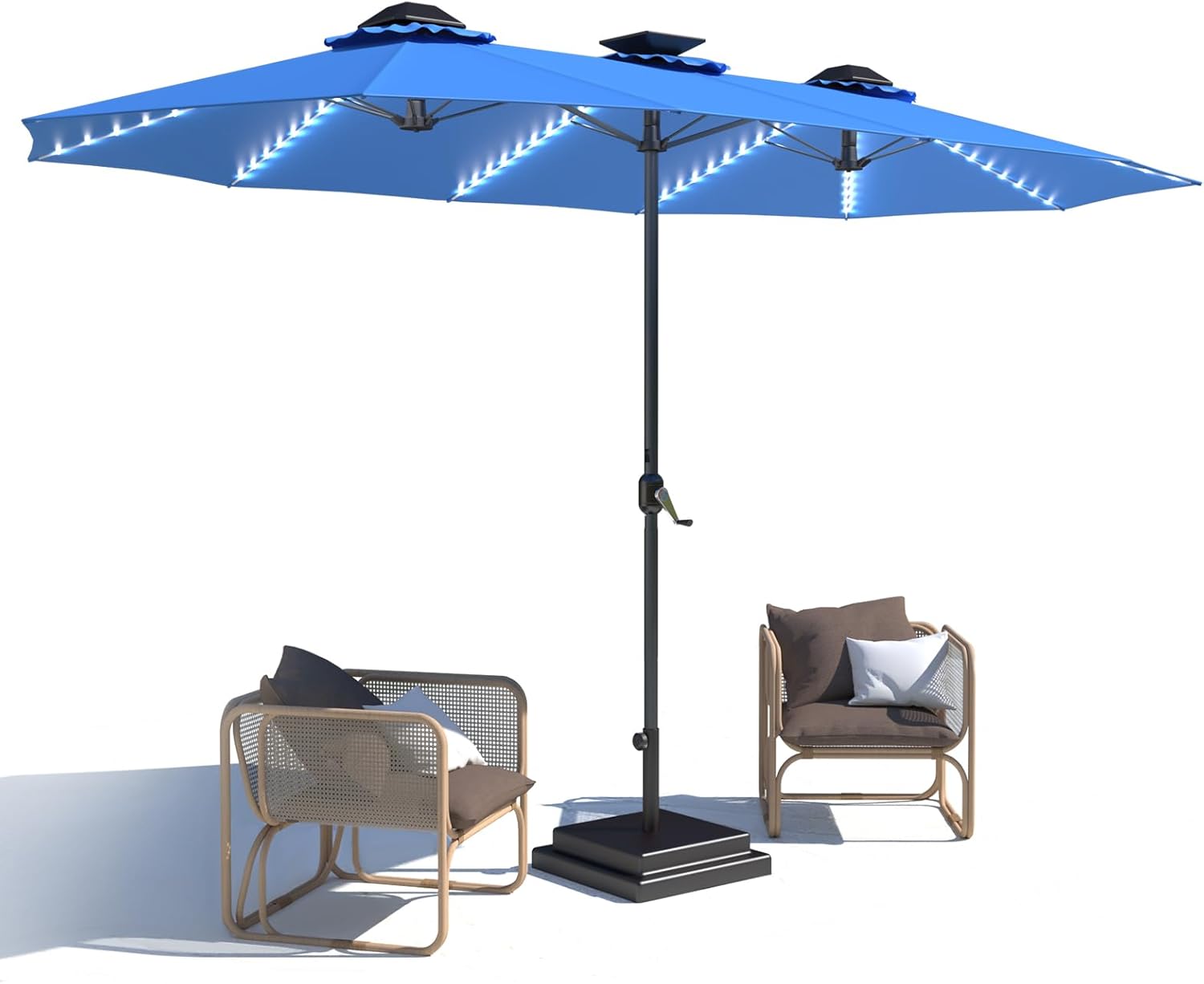 15ft Patio Umbrella with Solar Lights, Large Double Umbrella Outdoor, Rectangle 180''x106'' Umbrellas with 156 PCS LED Lights and Crank Handle for Backyard Deck Pool Shade in Black(1.9