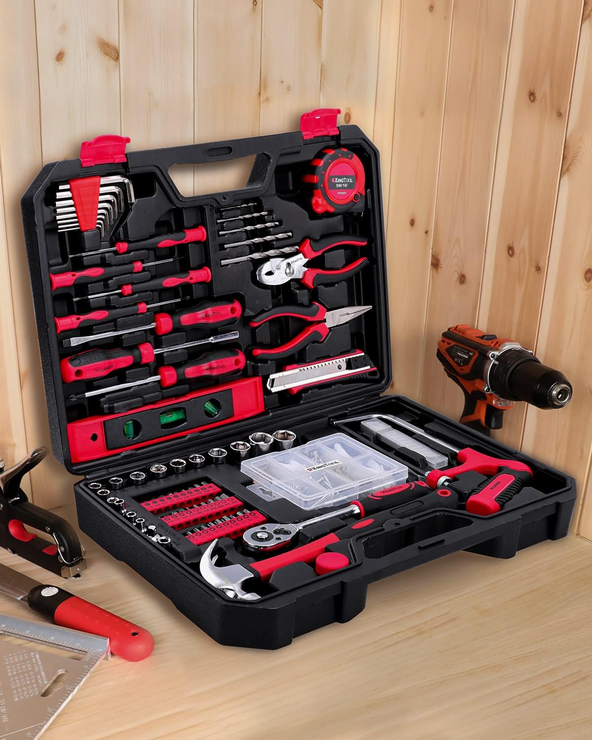 KINGTOOL Home Tool Set Kit - 286 PCS Home Auto Repair Tool Kit with Rolling Tool Box, Mechanic Tool Sets with 21V Max Cordless Power drill, Perfect for Homeowner, Diyer, Handyman