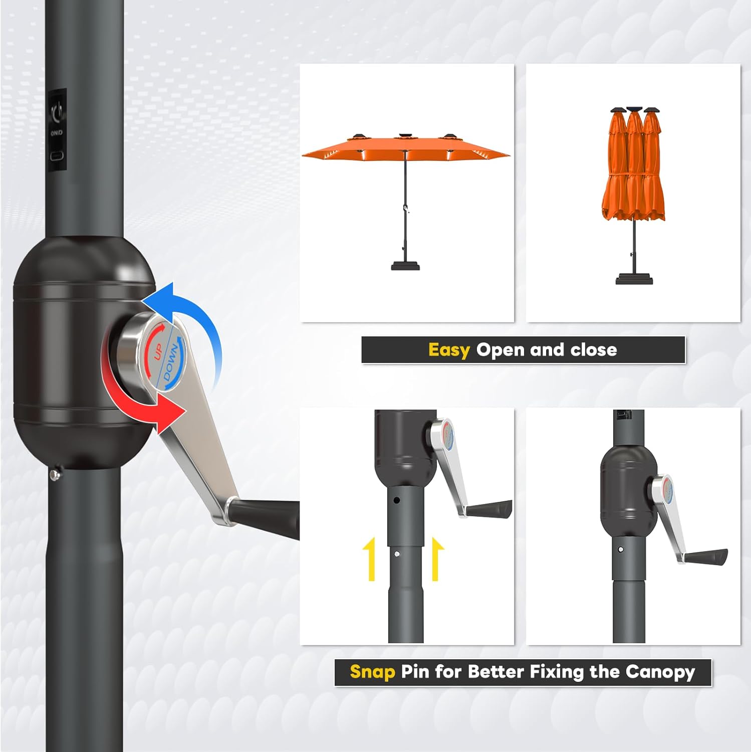 15ft Patio Umbrella with Solar Lights, Large Double Umbrella Outdoor, Rectangle 180''x106'' Umbrellas with 156 PCS LED Lights and Crank Handle for Backyard Deck Pool Shade in Black(1.9