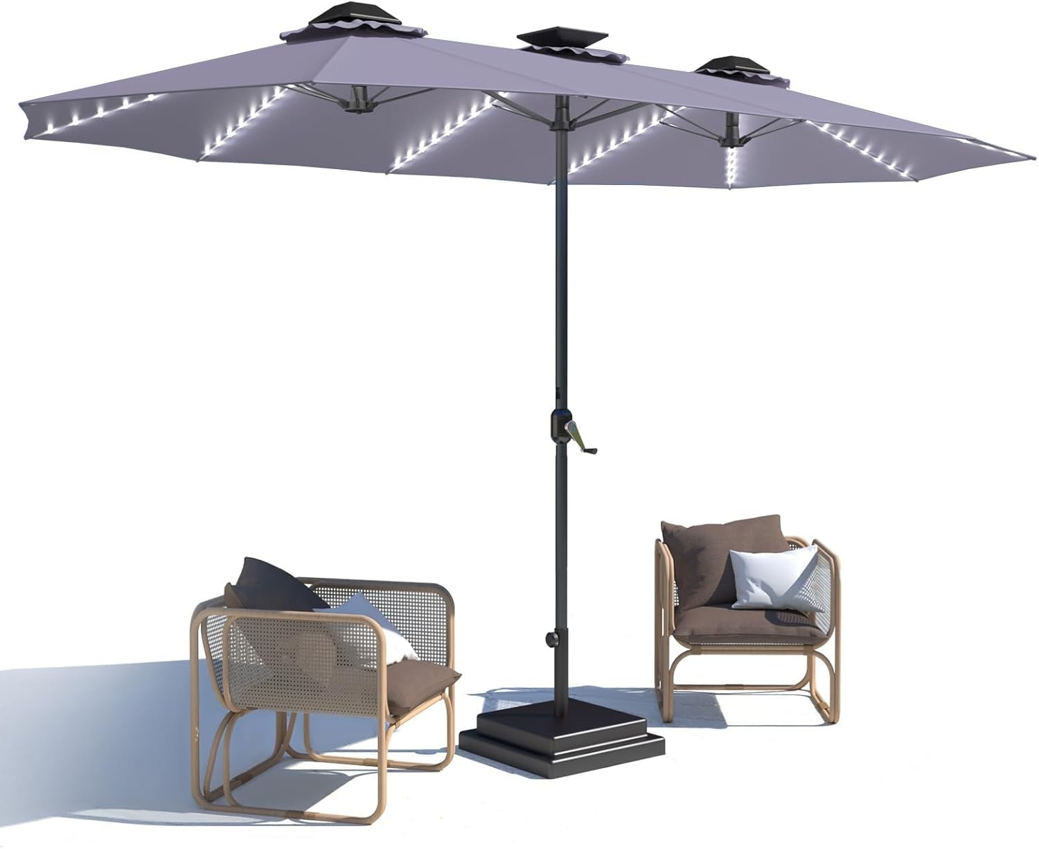 15ft Patio Umbrella with Solar Lights, Large Double Umbrella Outdoor, Rectangle 180''x106'' Umbrellas with 156 PCS LED Lights and Crank Handle for Backyard Deck Pool Shade in Black(1.9