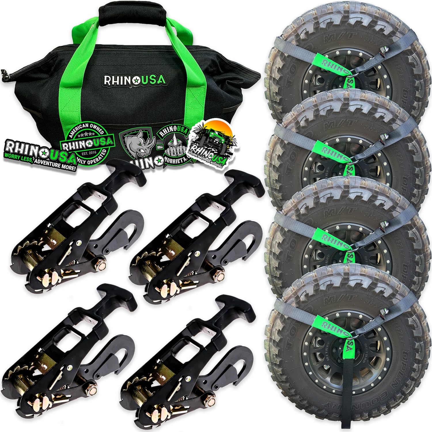 Car Tie Down Straps for Trailers with Flat Hooks (4-Pack) - 2 Inch x 8 Feet (10,000lb Break Strength) - Heavy Duty T-Handle Car Lasso Tire Straps for Trailer & UTV - Black