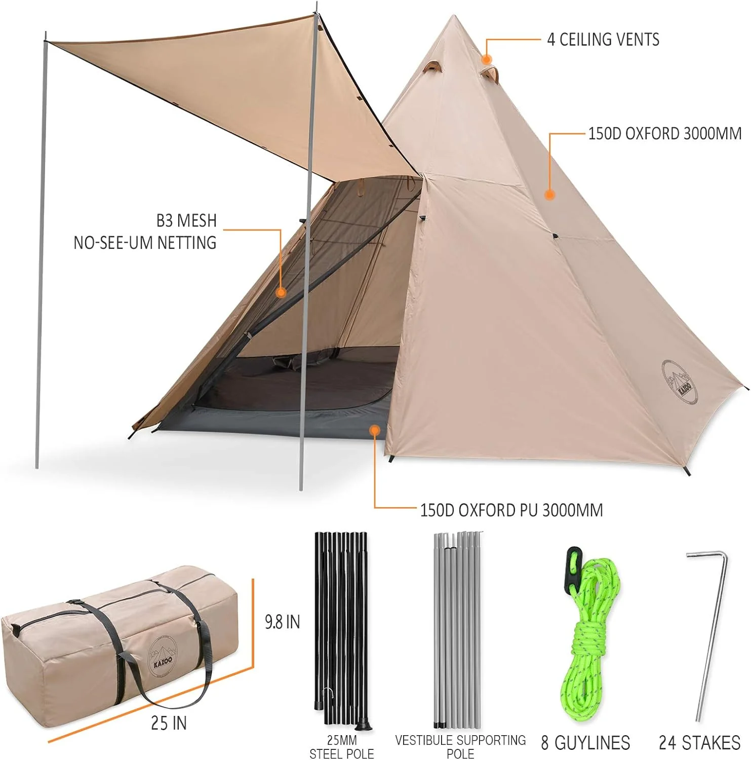 8 Person Waterproof Family Camping Tent Teepee Style Instant Setup