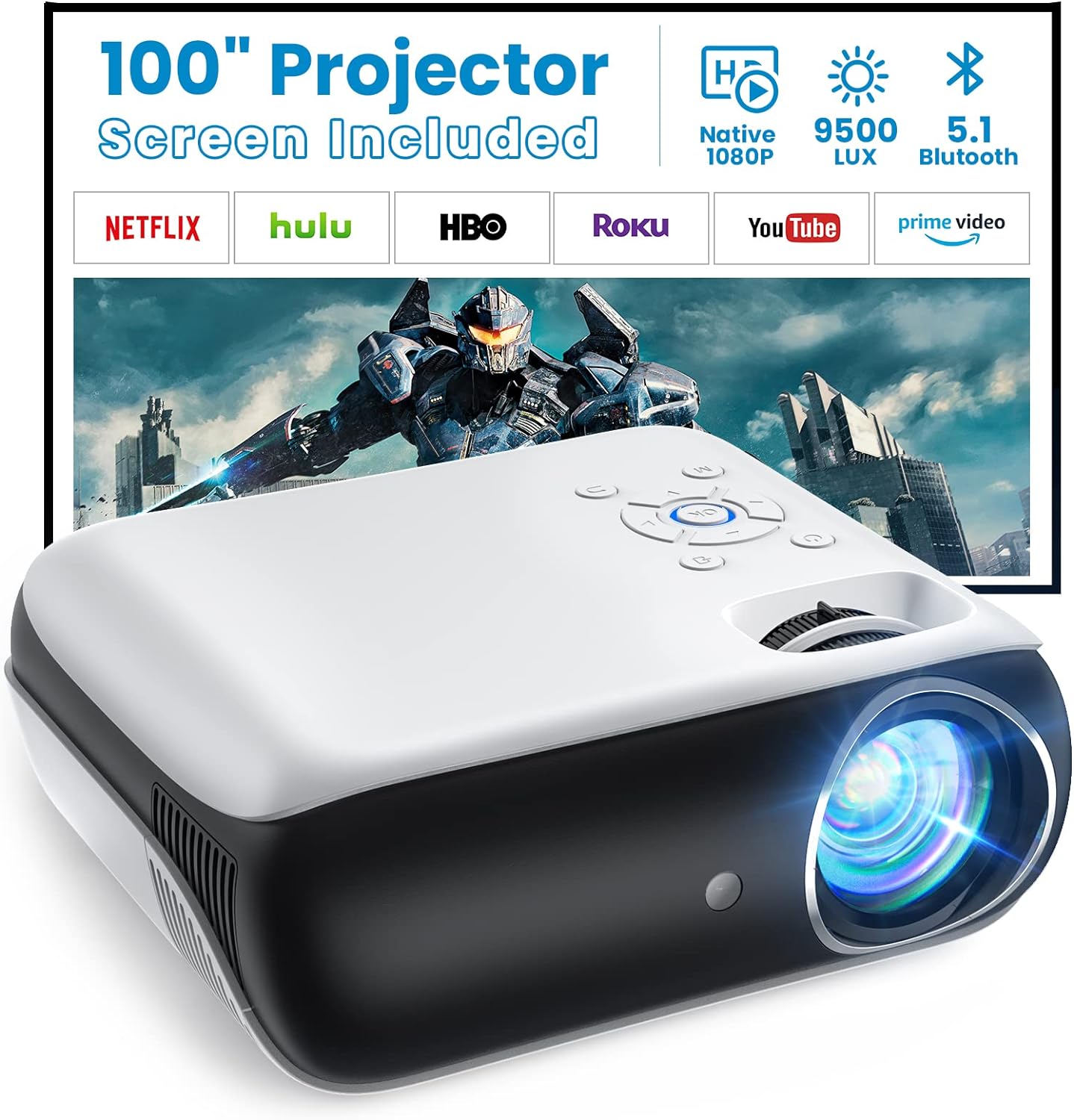Beamer, Mini Beamer 4K Bluetooth 5.1 Tragbar Heimkino Multimedia Projector 10000Lux Mit 100'' Bildschirm, Kompatibel mit HDMI USB AV, phones,Laptops,TV Stick,PS5