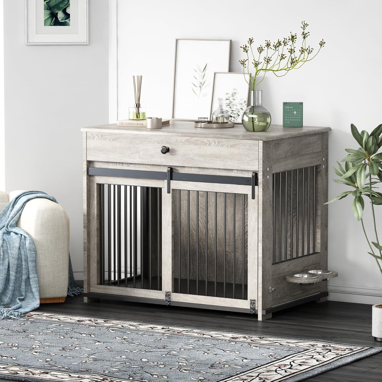 Wooden dog cage furniture, indoor kennel, with flip-up door, 360° rotating dog bowl and storage drawer, suitable for medium to large-sized dogs, durable dog cage, white.