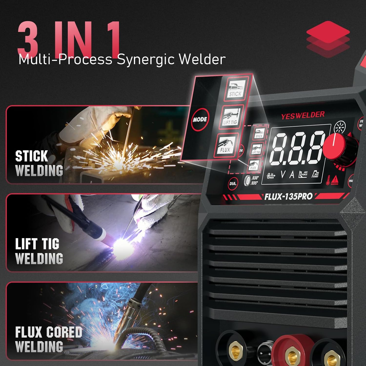 135Amp MIG Welder,110V Flux Core Welder Flux MIG/Lift TIG/Stick 3-in-1 Large LED Digital Display Welding Machine IGBT Inverter Welder FLUX-135PRO