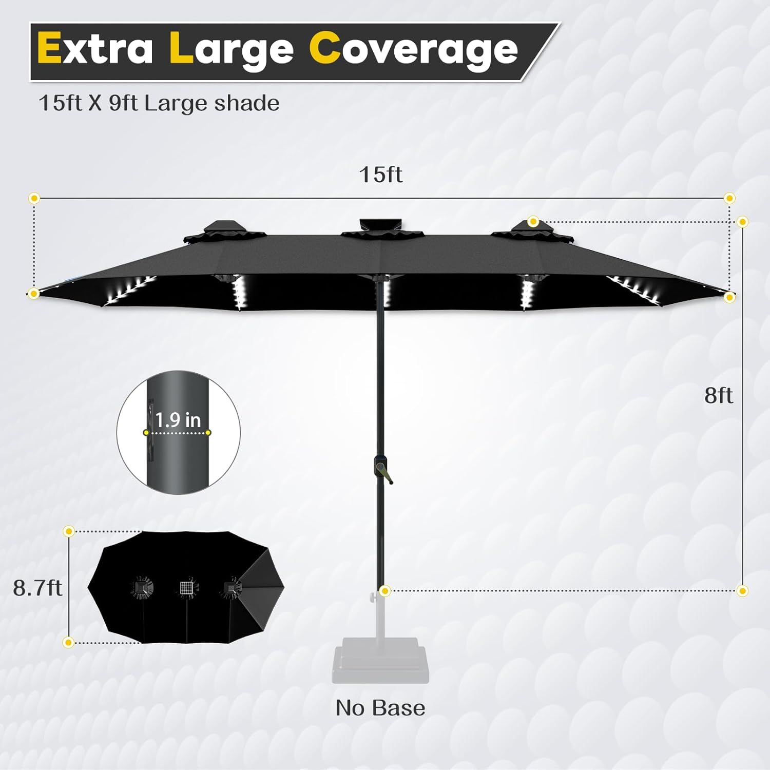 15ft Patio Umbrella with Solar Lights, Large Double Umbrella Outdoor, Rectangle 180''x106'' Umbrellas with 156 PCS LED Lights and Crank Handle for Backyard Deck Pool Shade in Black(1.9
