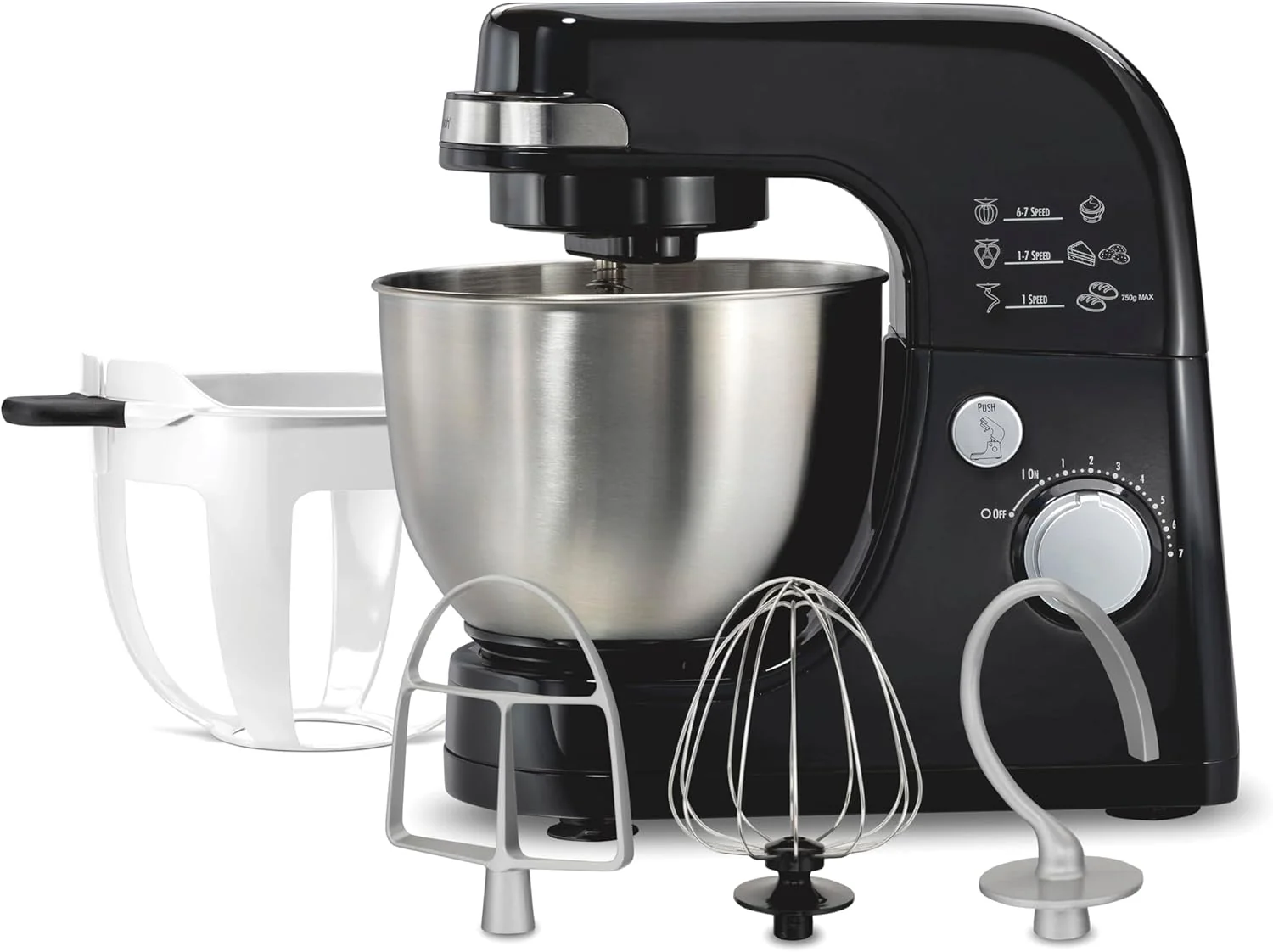 Hamilton Beach Electric Stand Mixer, 4 Quarts, Dough Hook, Flat Beater Attachments, Splash Guard 7 Speeds with Whisk, Black