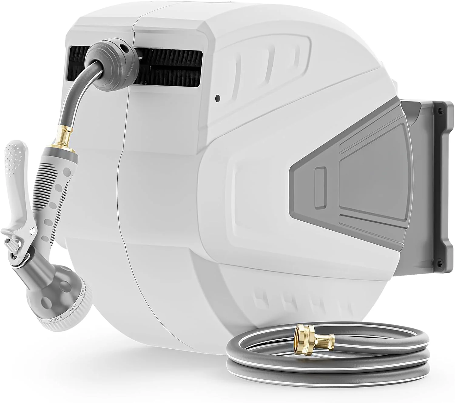 Retractable Garden Hose Reel,1/2 in x 100 ft Wall Mounted Hose Reel, with 9- Function Sprayer Nozzle, Any Length Lock/Slow Return System/Wall Mounted/180掳Swivel Bracket (Grey)