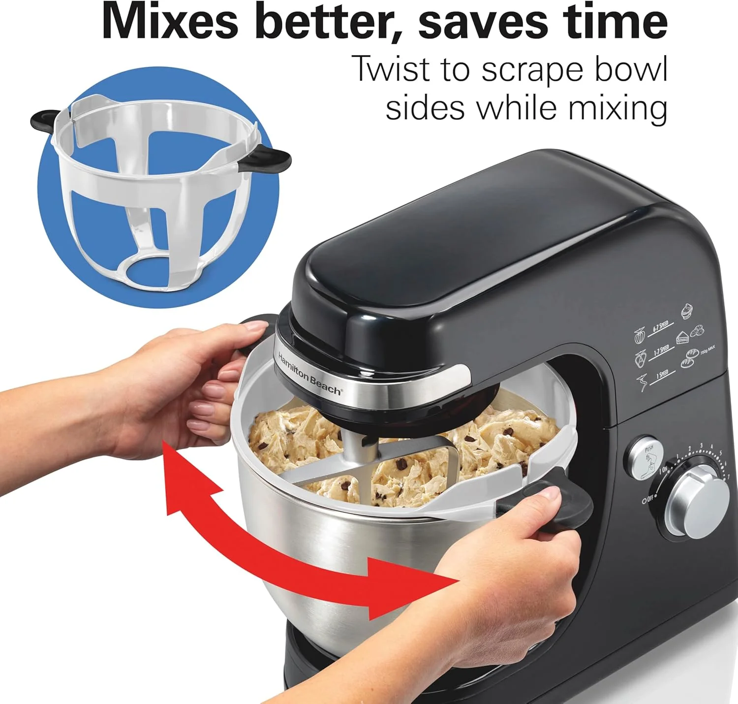 Hamilton Beach Electric Stand Mixer, 4 Quarts, Dough Hook, Flat Beater Attachments, Splash Guard 7 Speeds with Whisk, Black