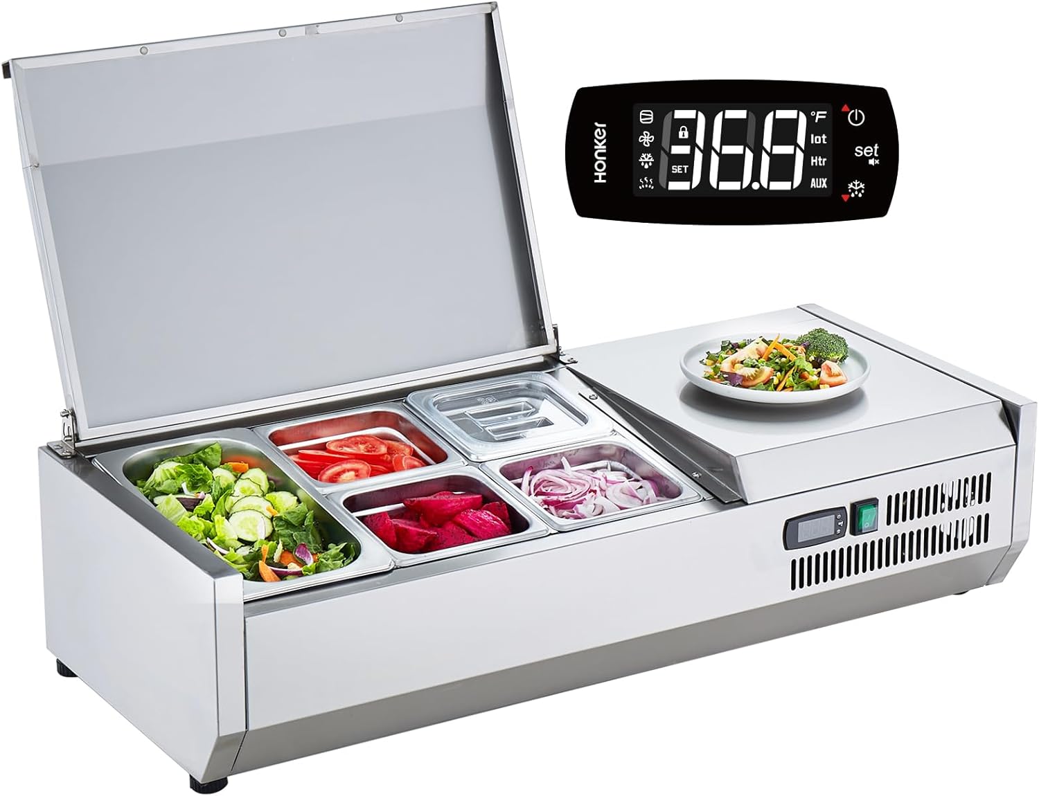 Refrigerated Condiment Prep Station, 135 W Countertop Refrigerated Condiment Station, with 2 1/3 Pans & 4 1/6 Pans, 304 Stainless Body and PC Lid, Sandwich Prep Table with Stainless Guard, ETL