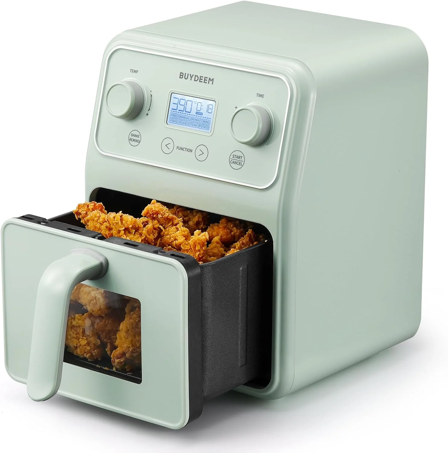 The 8-in-1 air fryer, with a capacity of 4.2 gallons, is a retro countertop air fryer oven featuring a visible window, vibration alert function, one-button control, and a liquid crystal display. Its appearance is a warm shade of light green.