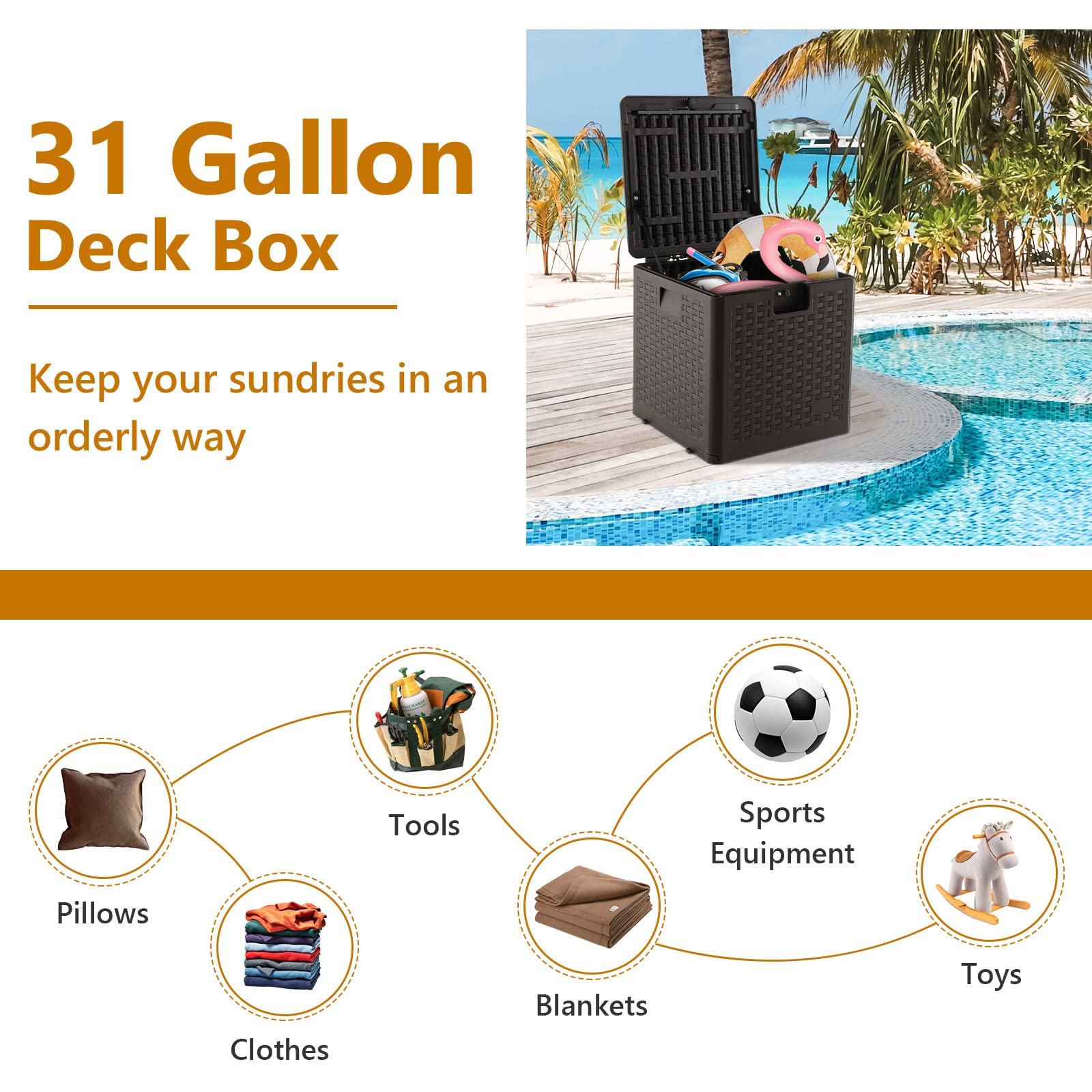 Outdoor Storage Box, 31 73 100 Gallon Waterproof Resin Patio Storage Box with Lockable Lid, Side Handle for Pillows, Cushions