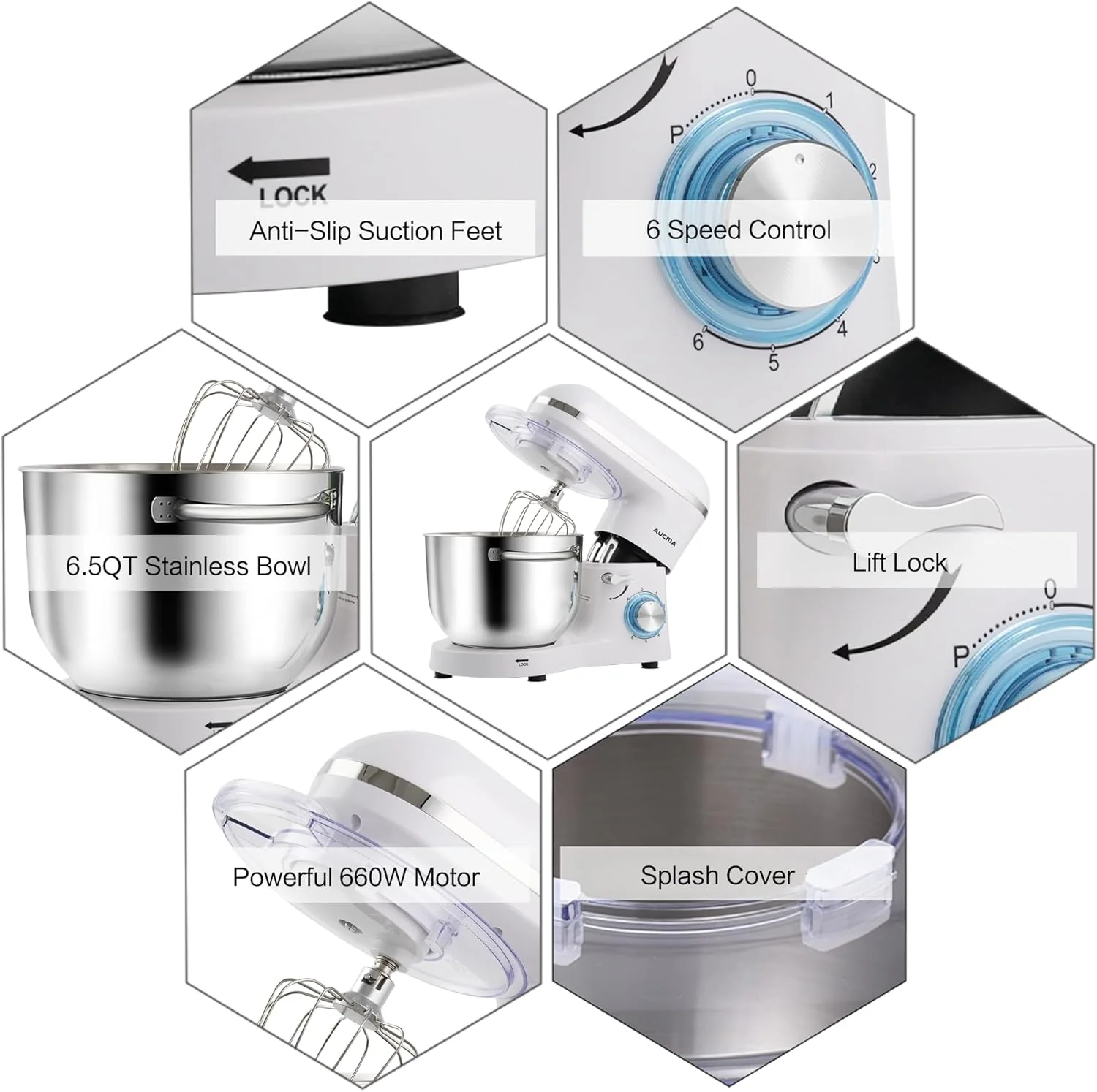 Aucma Stand Mixer,6.5-QT 660W 6-Speed Tilt-Head Food Mixer, Kitchen Electric Mixer with Dough Hook