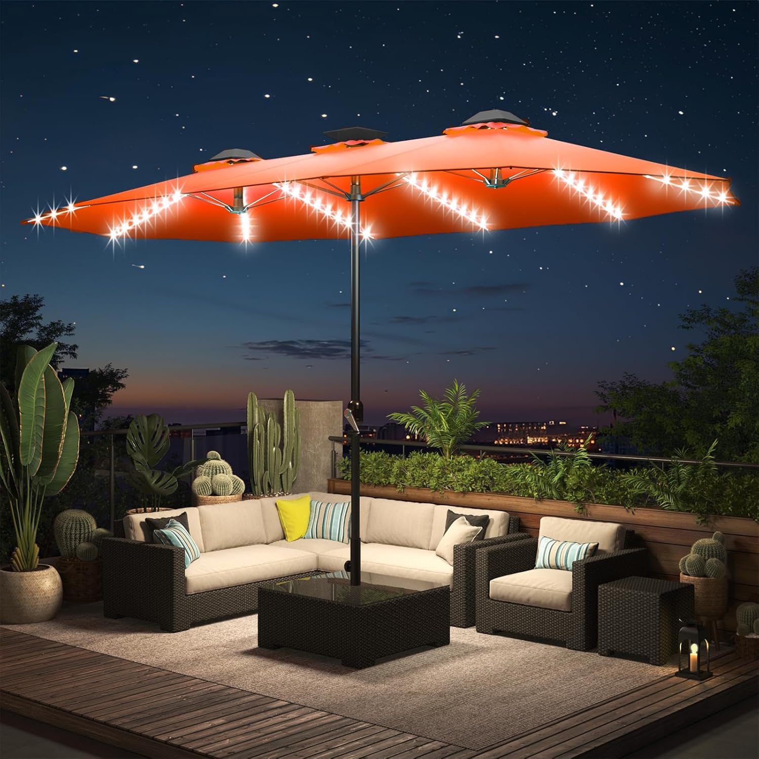 15ft Patio Umbrella with Solar Lights, Large Double Umbrella Outdoor, Rectangle 180''x106'' Umbrellas with 156 PCS LED Lights and Crank Handle for Backyard Deck Pool Shade in Black(1.9