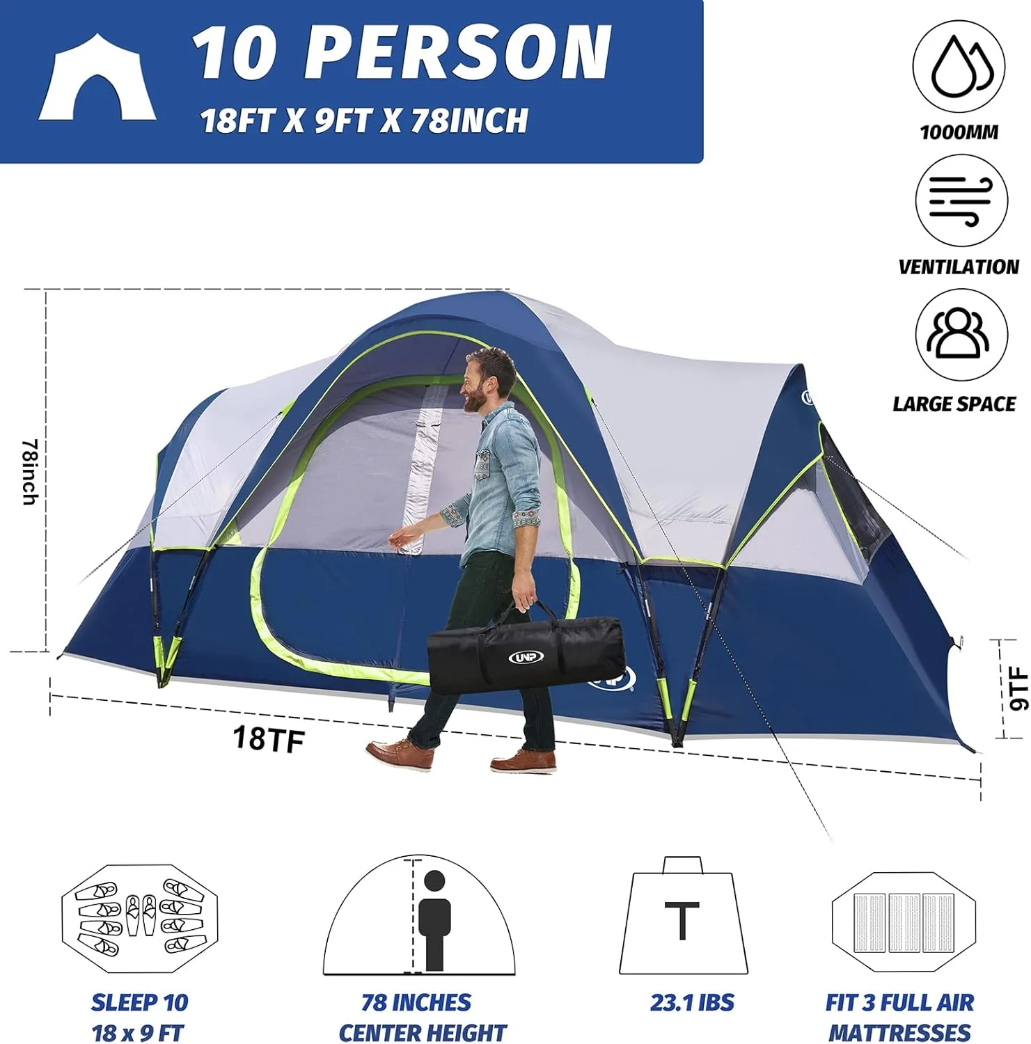 Camping Tent 10-Person-Family Tents, Parties, Music Festival Tent, Big, Easy Up, 5 Large Mesh Windows, Double Layer, 2 Room, Waterproof, Weather Resistant, 18ft x 9ft x78in