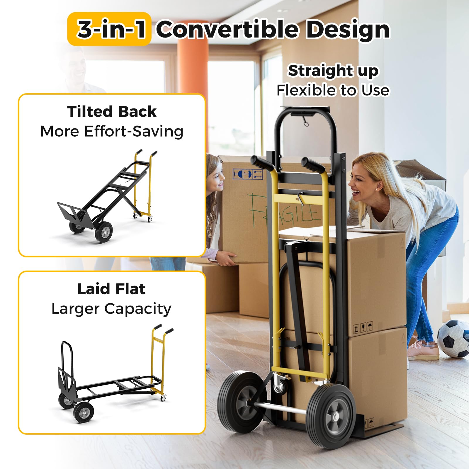 2025 Hand Truck, 3-in-1 Convertible Metal Dolly Cart with 4 Rubber Wheels, 1000 lbs Max Load Capacity