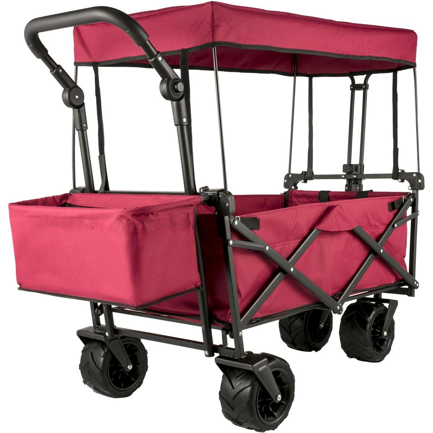 2025 Red Collapsible Wagon Cart with Canopy, 360° Wheels, Adjustable Handles, 220 lbs Capacity for Beach & Garden