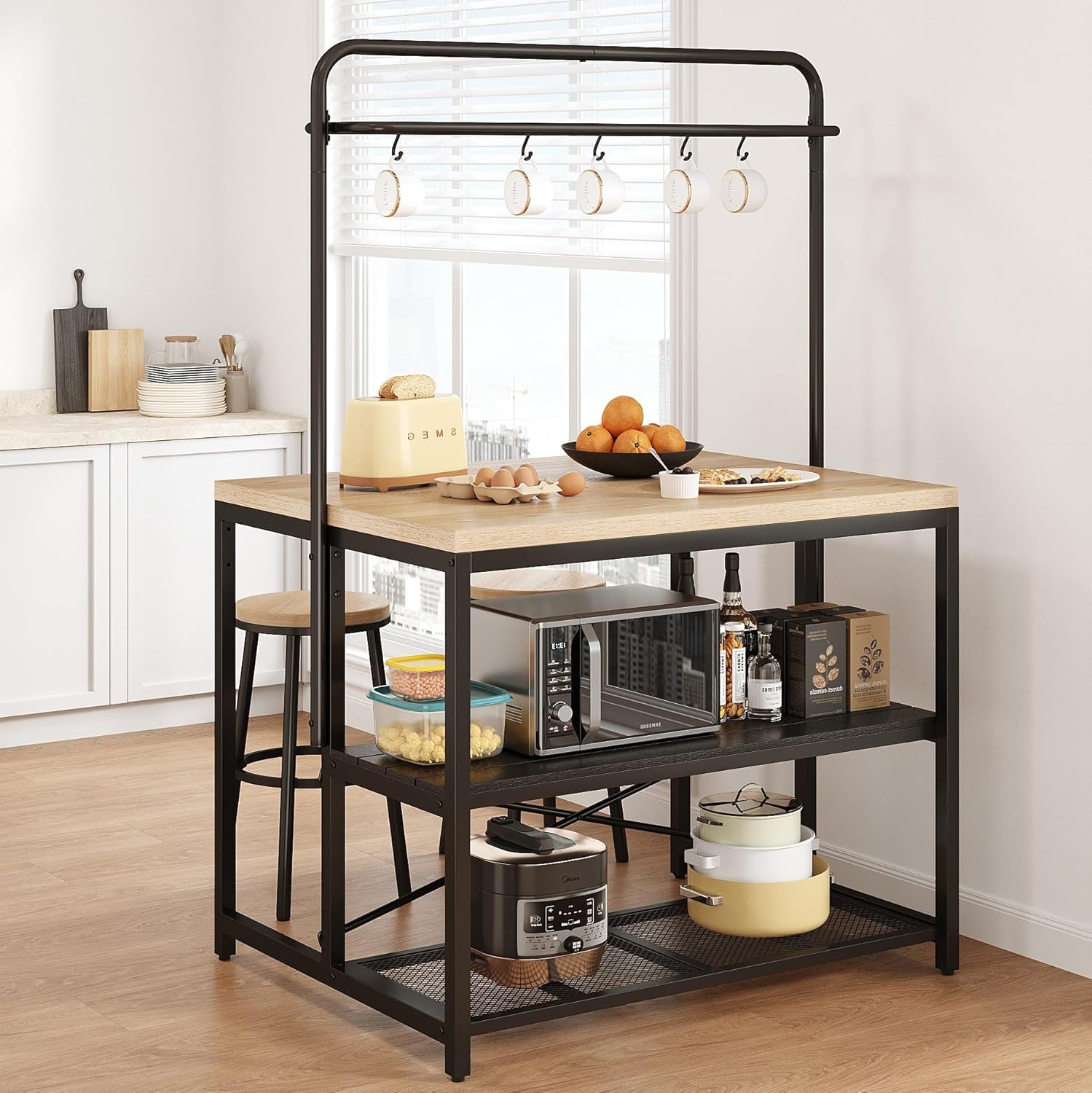 Kitchen Island, Kitchen Island with Storage, Bakers Rack, Island Table for Kitchen, Bakers Rack with Storage, Large Kitchen Island Table, Coffee Bar Table with Shelf,5 Racks,Pear Wood White