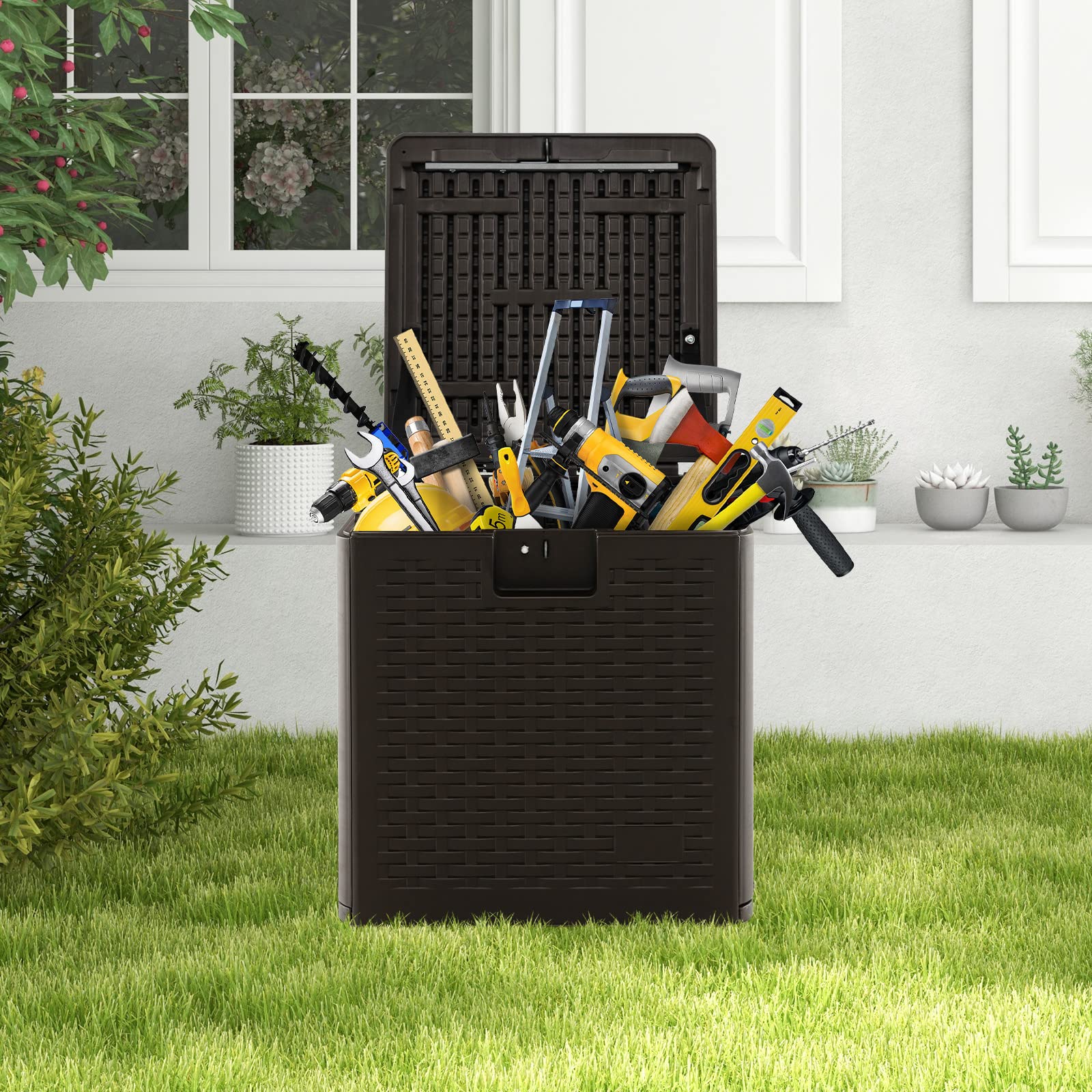 Outdoor Storage Box, 31 73 100 Gallon Waterproof Resin Patio Storage Box with Lockable Lid, Side Handle for Pillows, Cushions