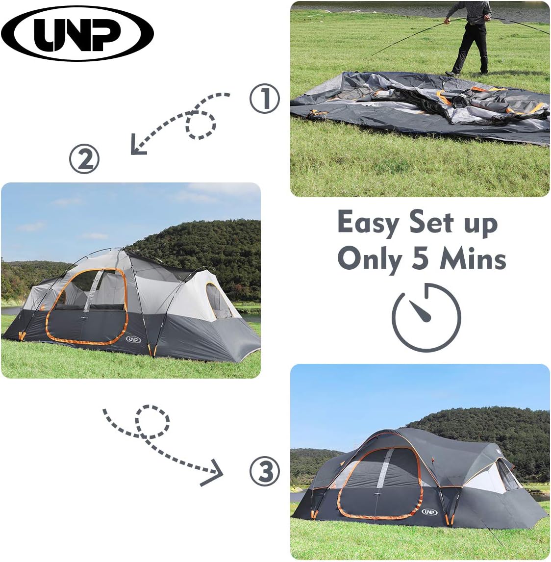 Camping Tent 10-Person-Family Tents, Parties, Music Festival Tent, Big, Easy Up, 5 Large Mesh Windows, Double Layer, 2 Room, Waterproof, Weather Resistant, 18ft x 9ft x78in